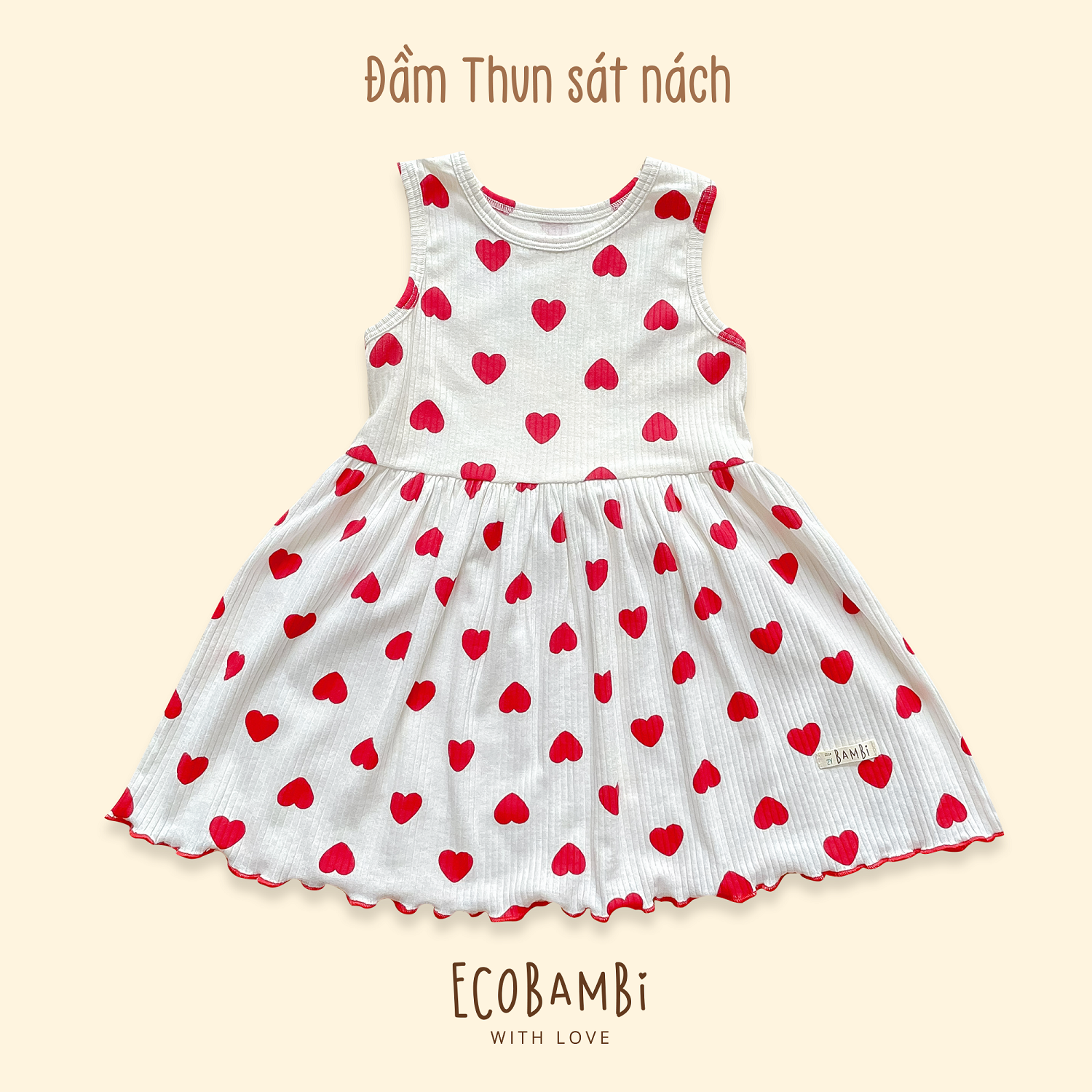 Đầm thun gân Hàn bé gái ECOBAMBI - Mẫu sát nách, hoạ tiết trái tim