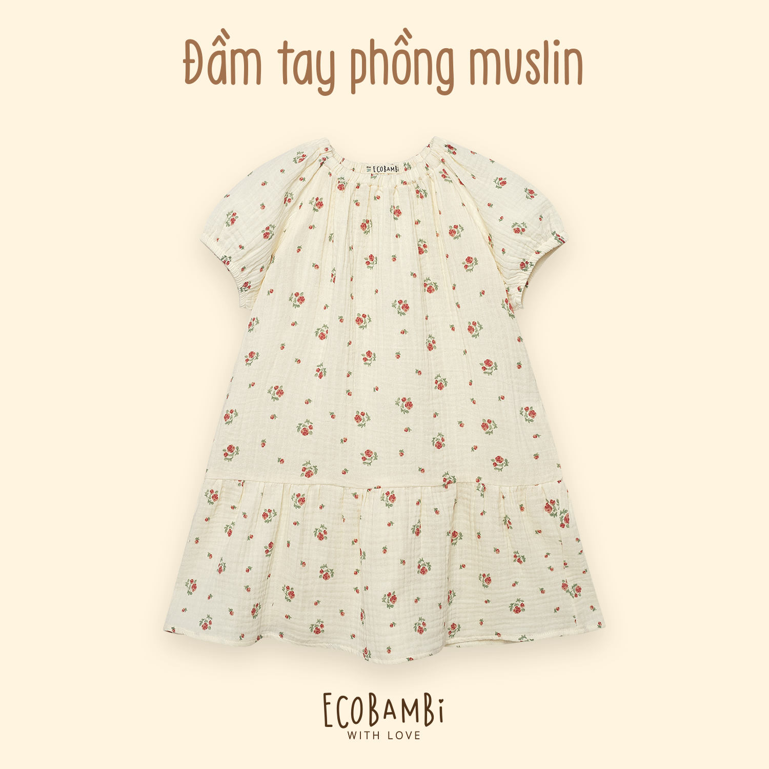 Đầm cotton muslin hoa cỏ mùa xuân dáng tay phồng
