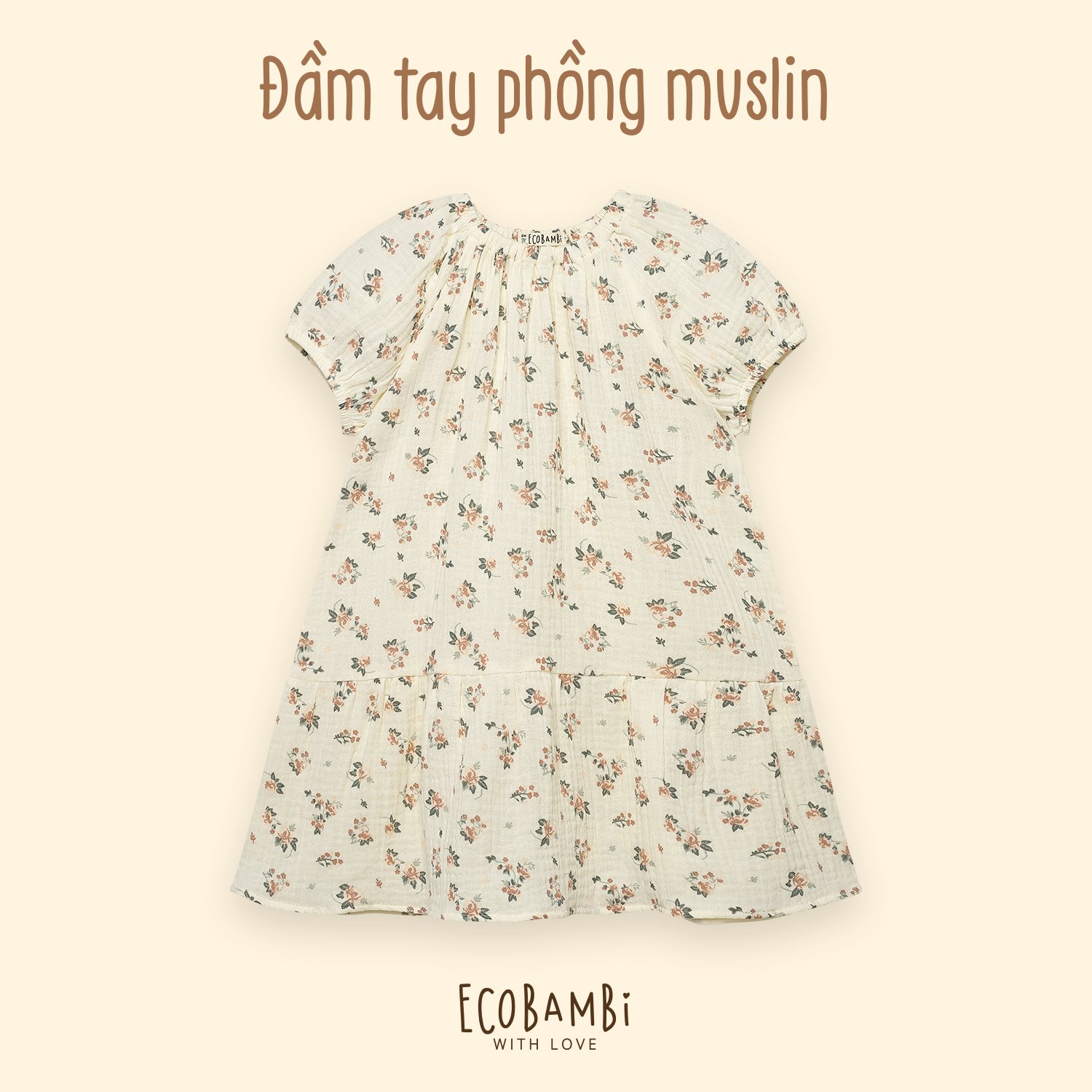Đầm cotton muslin hoa cỏ mùa xuân dáng tay phồng