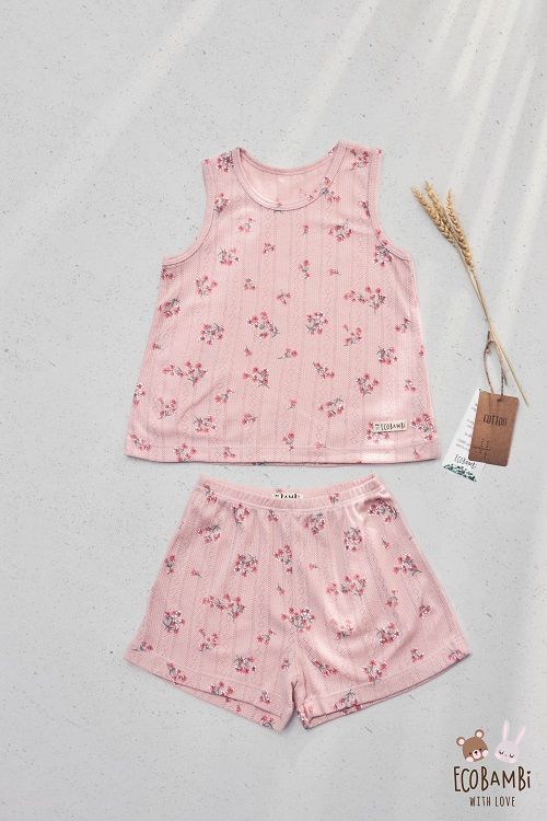 Bộ thun Hàn bé gái sát nách kiểu dệt jacquard hoa nhí Ecobambi