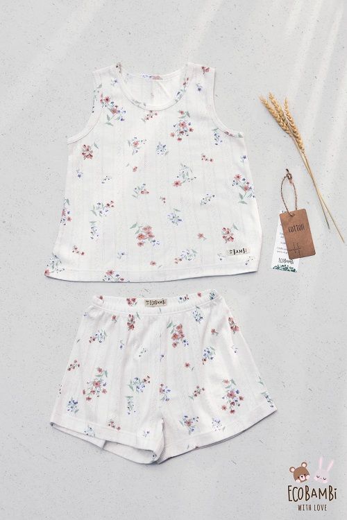 Bộ thun Hàn bé gái sát nách kiểu dệt jacquard hoa nhí Ecobambi