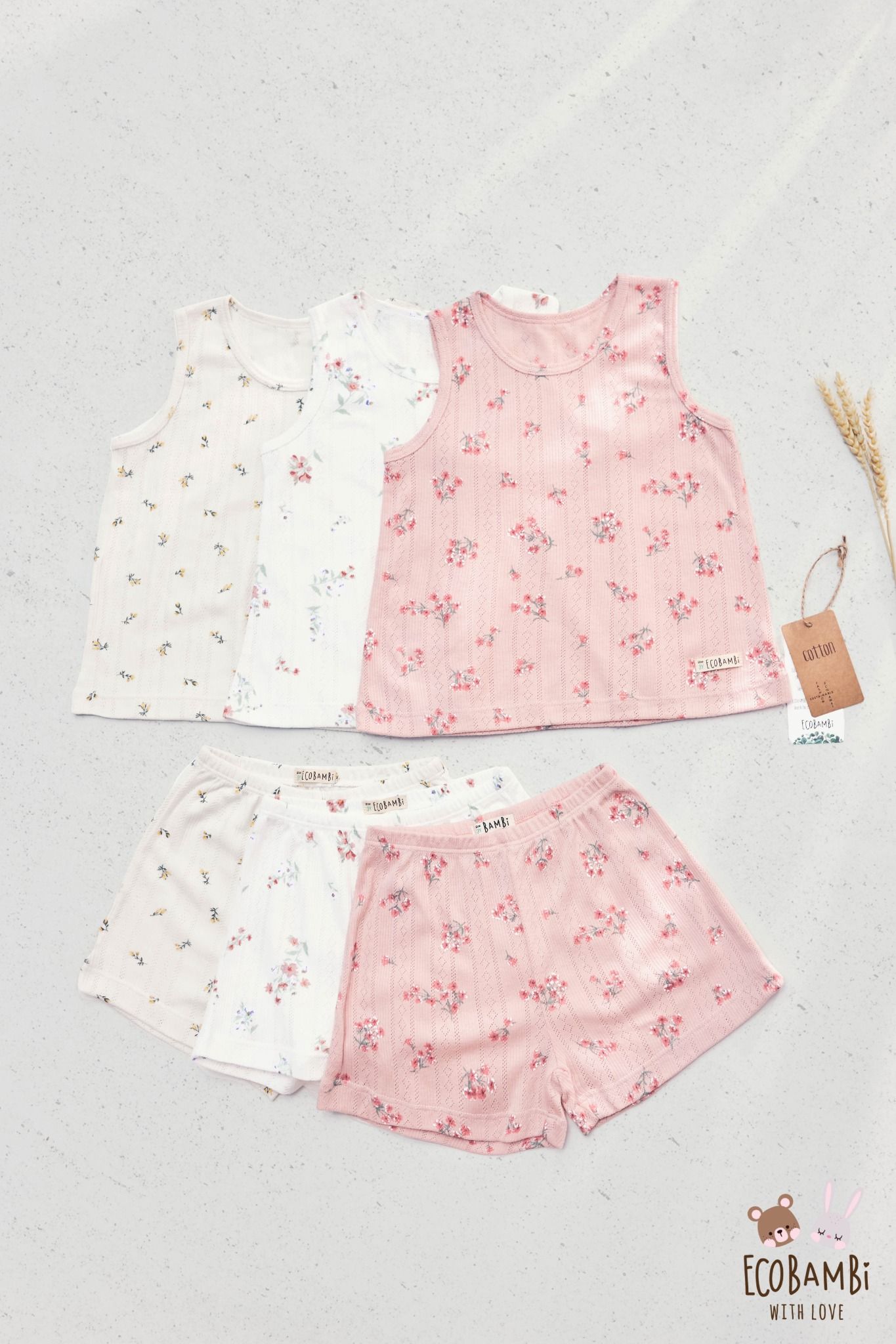 Bộ thun Hàn bé gái sát nách kiểu dệt jacquard hoa nhí Ecobambi