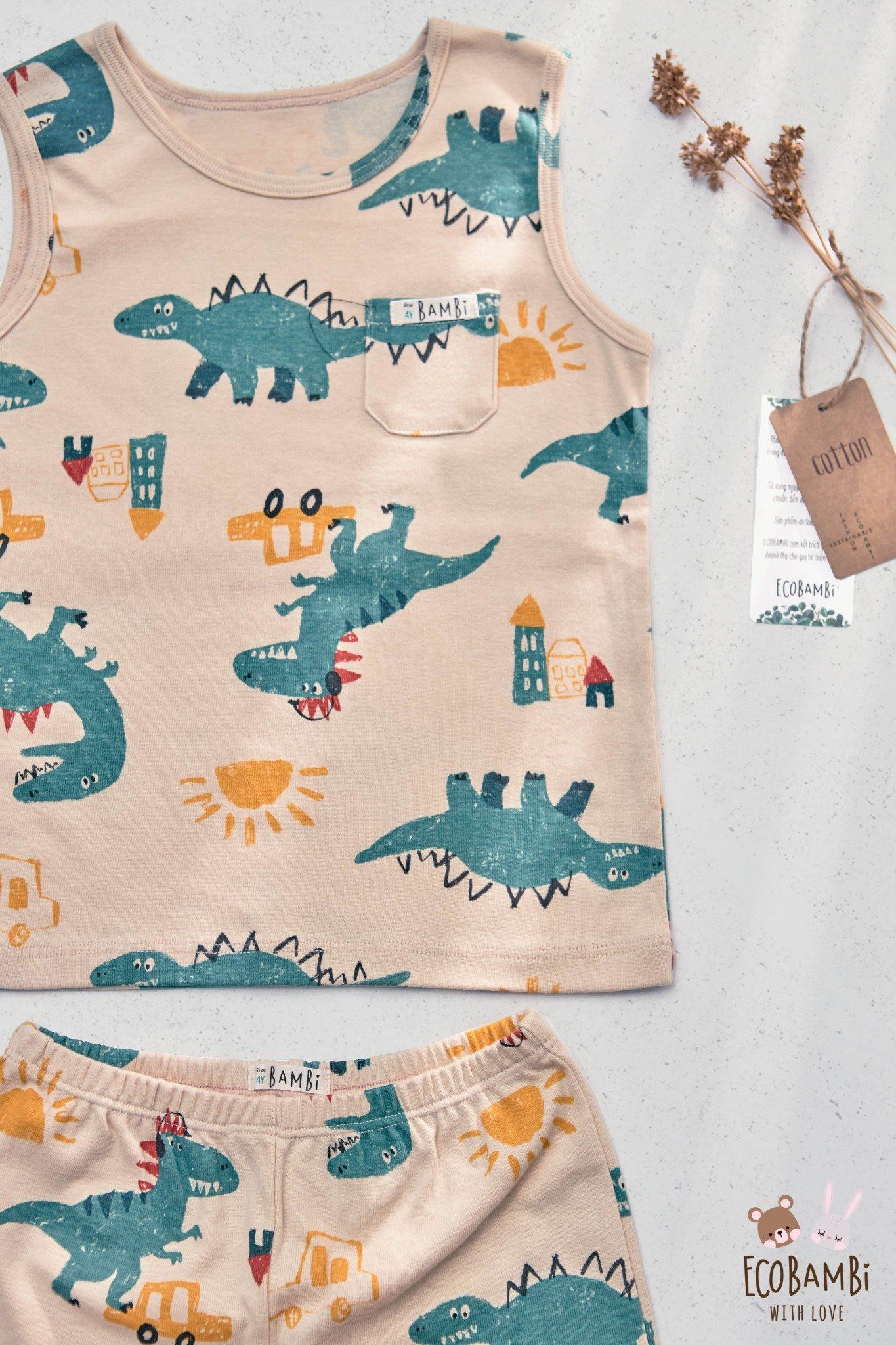 Bộ thun rib Hàn bé trai ba lỗ hoạ tiết khủng long Ecobambi
