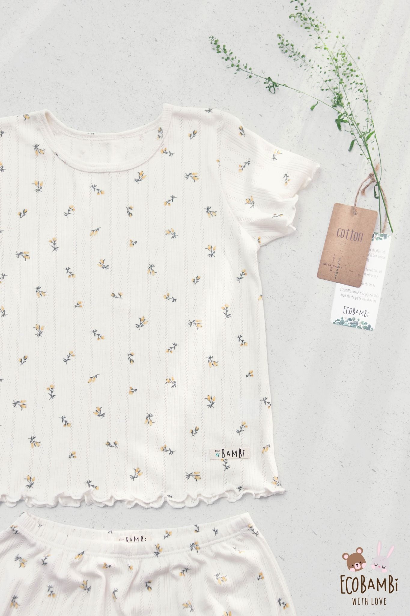 Bộ thun cotton Hàn bé gái tay ngắn kiểu dệt jacquard hoa nhí Ecobambi