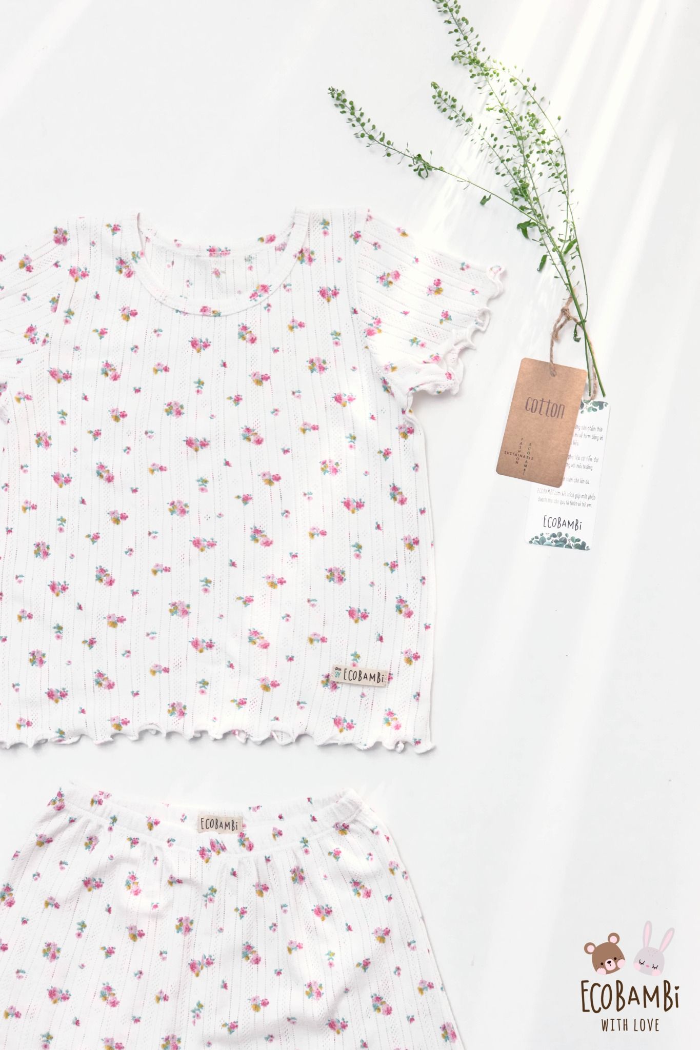 Bộ thun cotton Hàn bé gái tay ngắn kiểu dệt jacquard hoa nhí Ecobambi