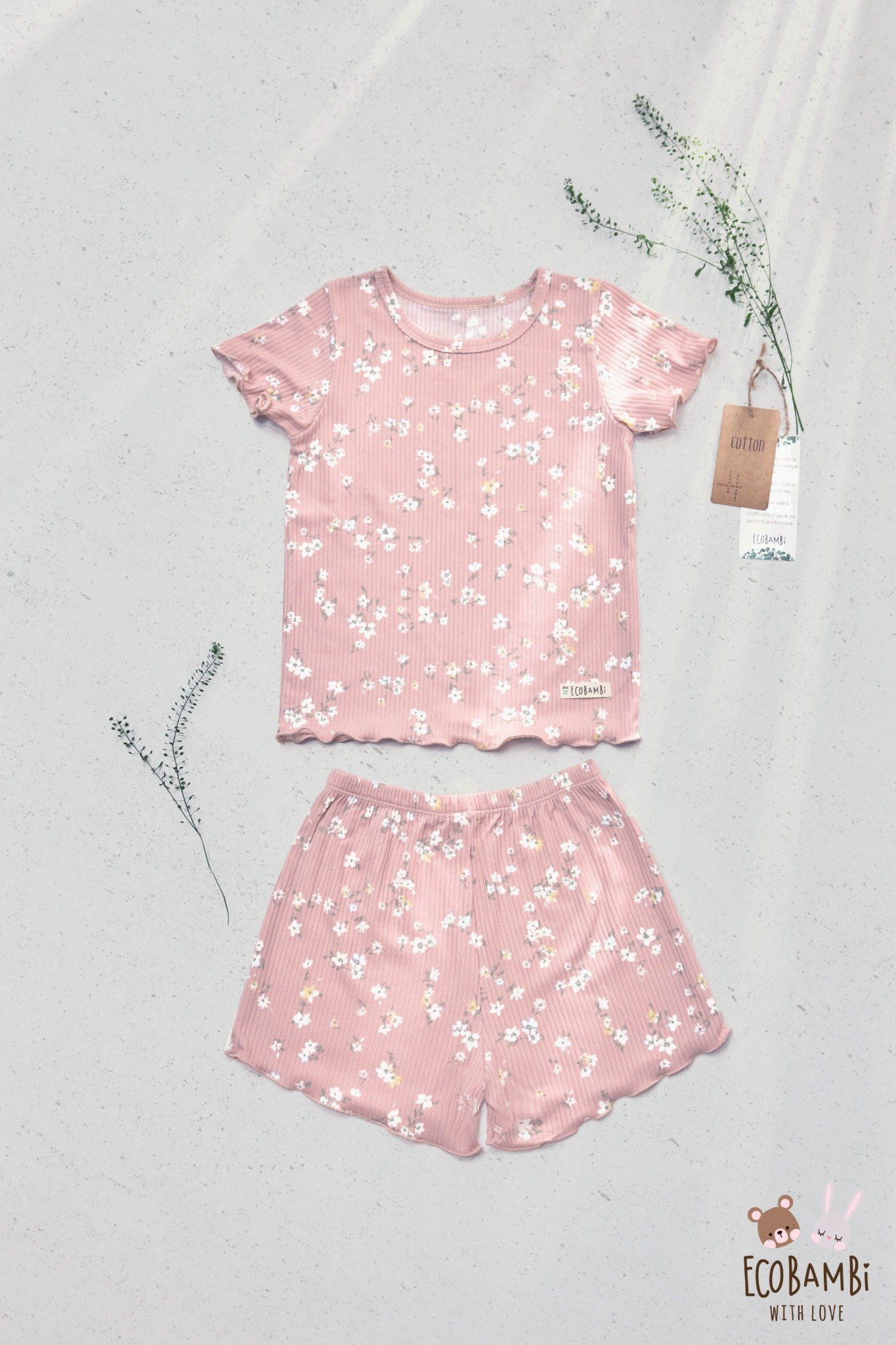 Bộ thun cotton Hàn bé gái tay ngắn kiểu dệt jacquard hoa nhí Ecobambi