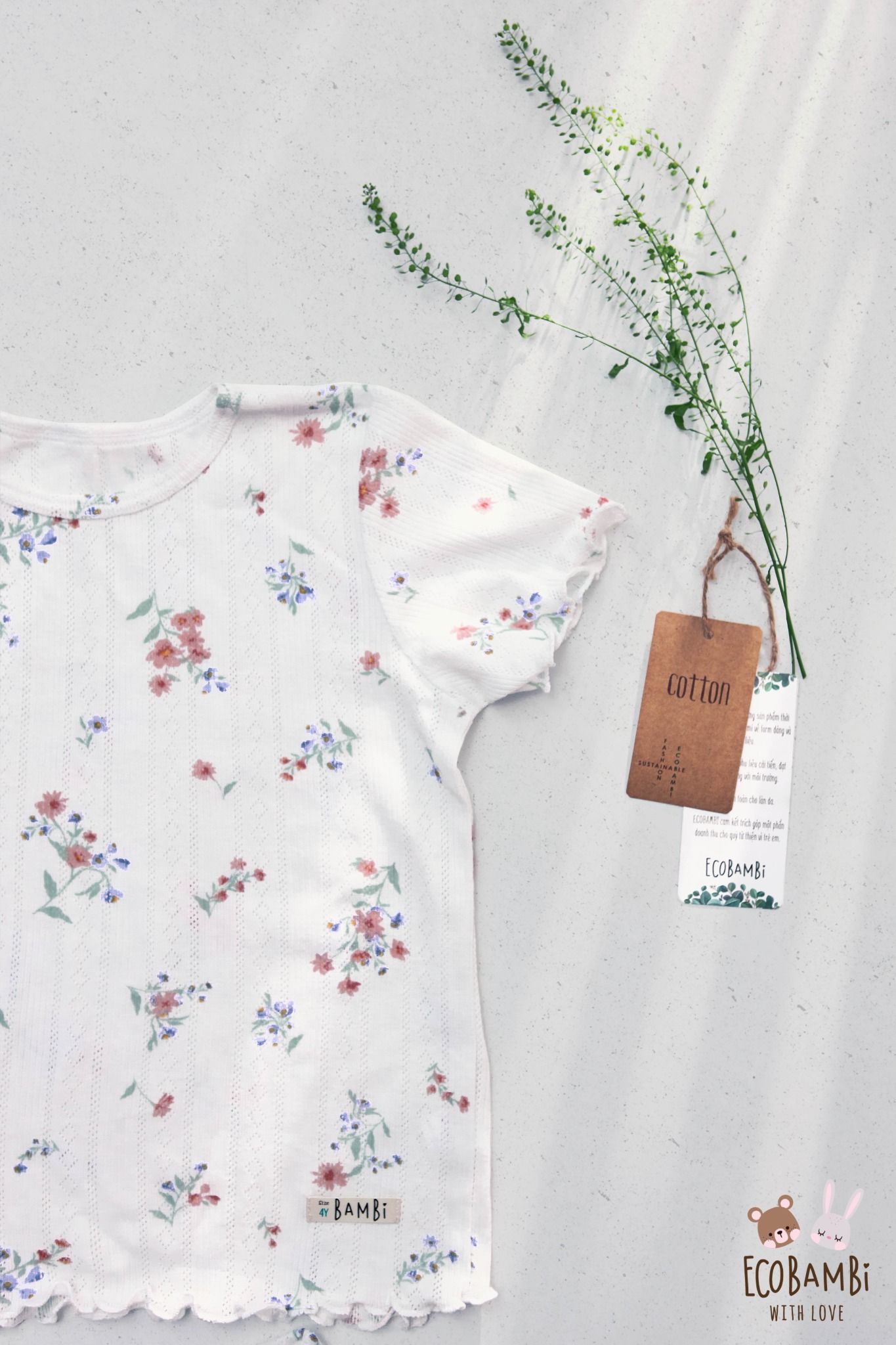 Bộ thun cotton Hàn bé gái tay ngắn kiểu dệt jacquard hoa nhí Ecobambi