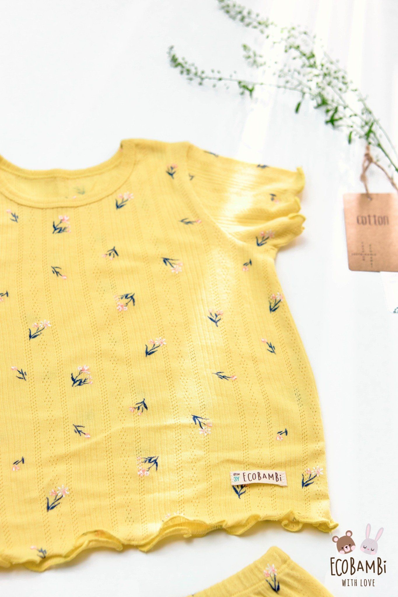 Bộ thun cotton Hàn bé gái tay ngắn kiểu dệt jacquard hoa nhí Ecobambi