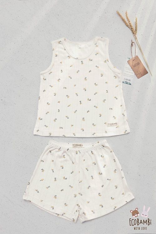 Bộ thun Hàn bé gái sát nách kiểu dệt jacquard hoa nhí Ecobambi