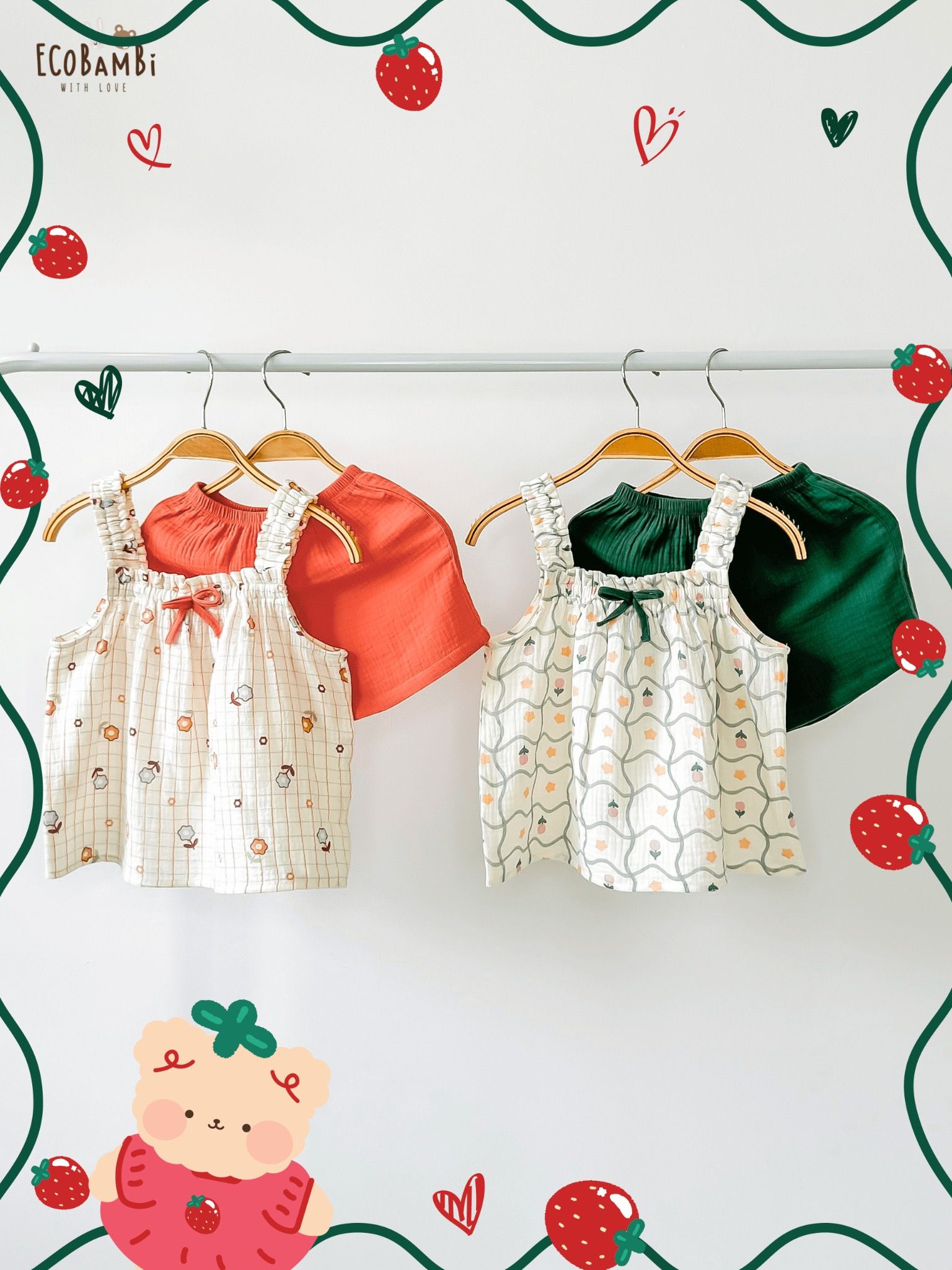 Bộ muslin 2 dây dún vai BÉ GÁI ECOBAMBI - BB-24BOBG011 - 8935334001473