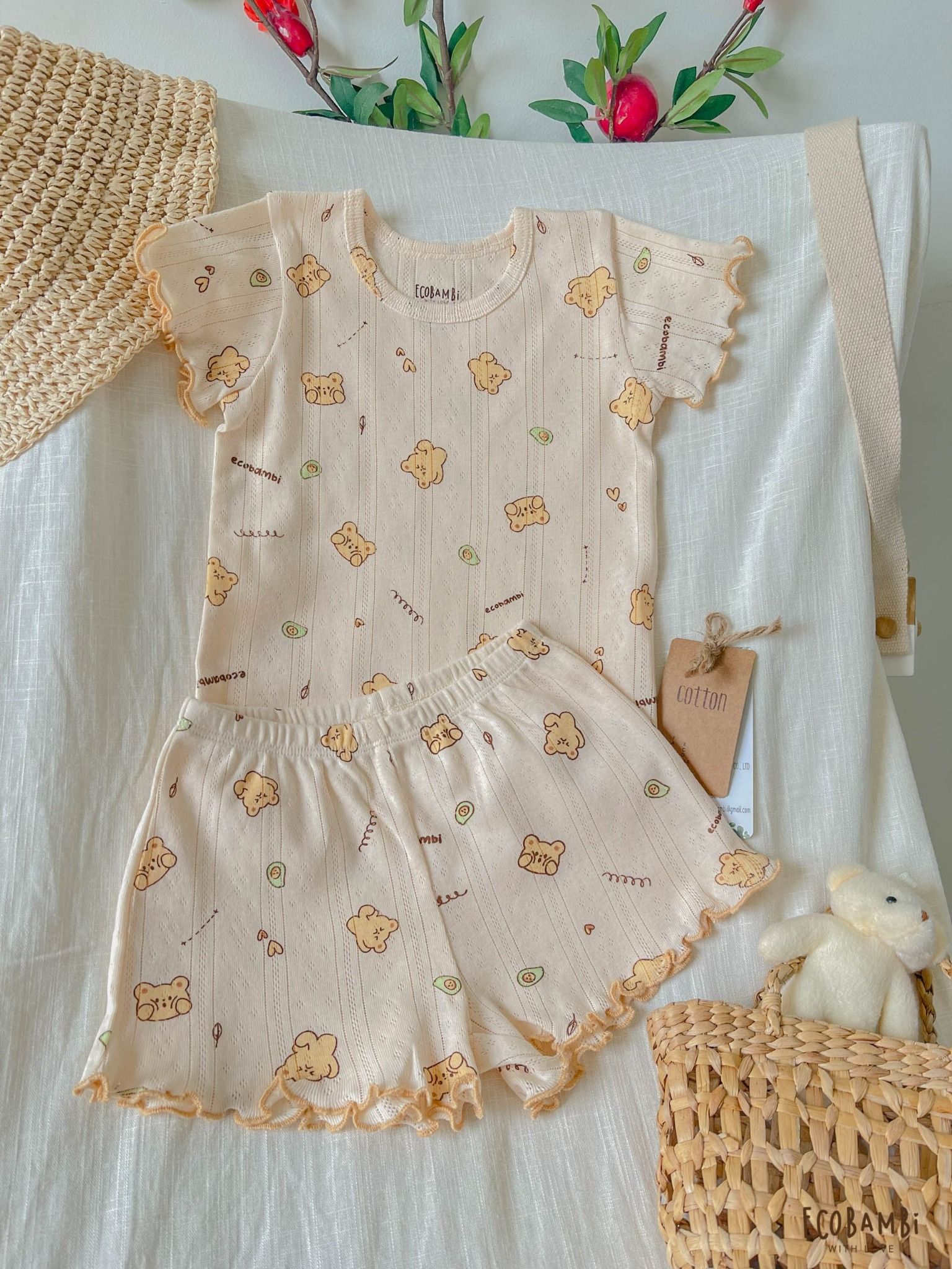 Bộ thun cotton Hàn bé gái TAY NGẮN kiểu dệt jacquard hoa nhí ECOBAMBI - 8935334000001