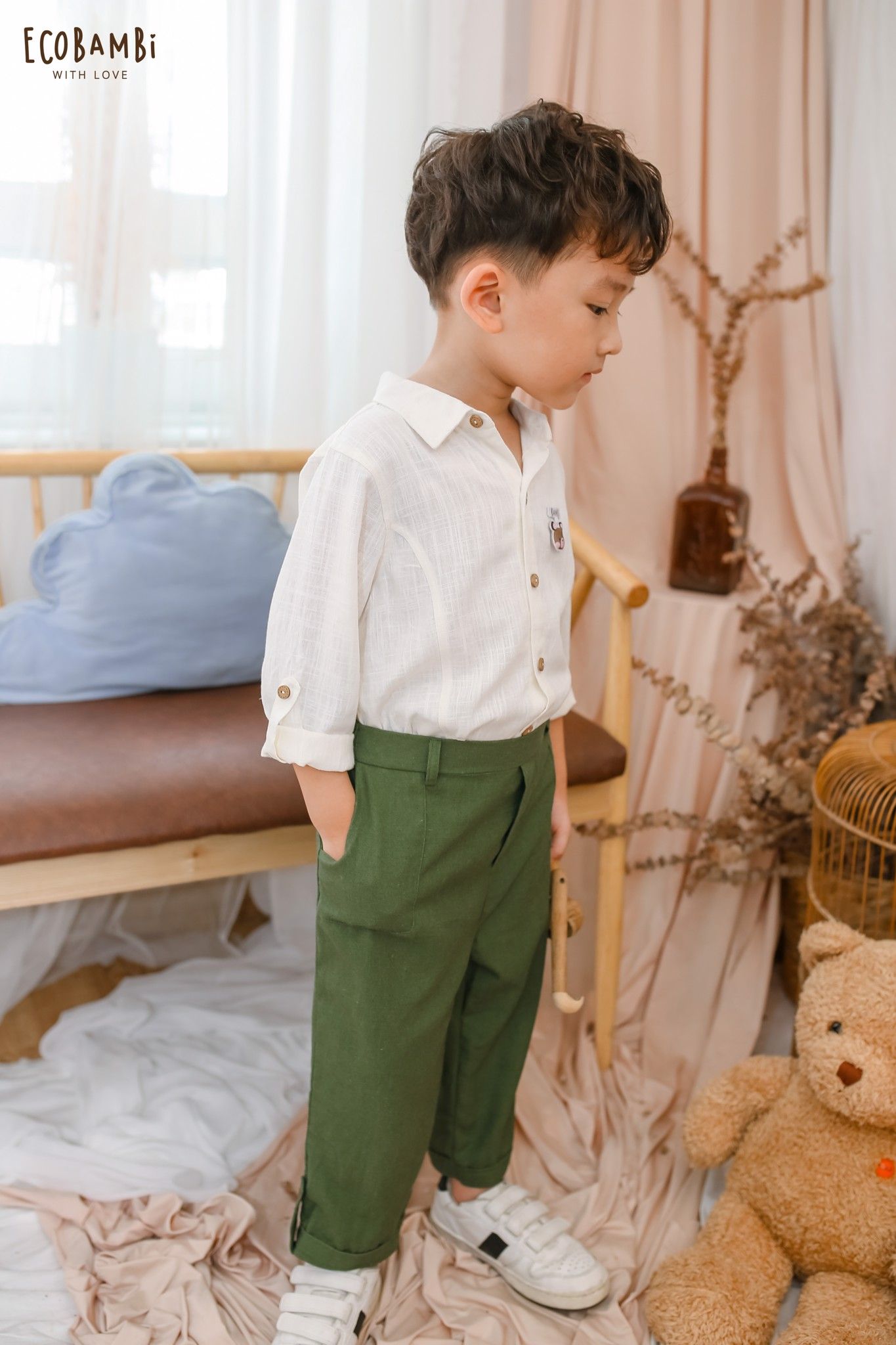 Áo sơ mi linen tay dài bé trai