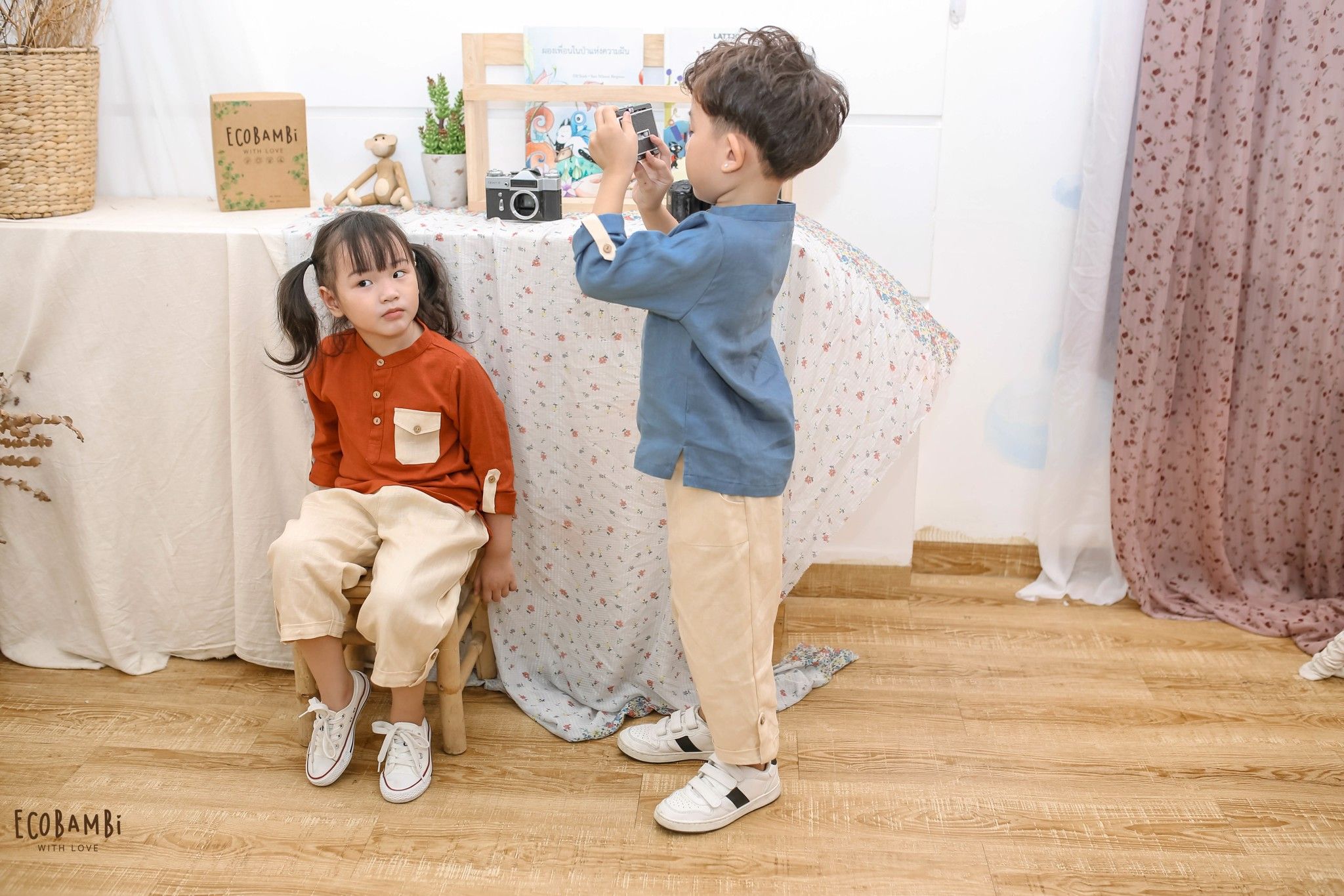 Áo sơ mi cổ trụ linen bé trai