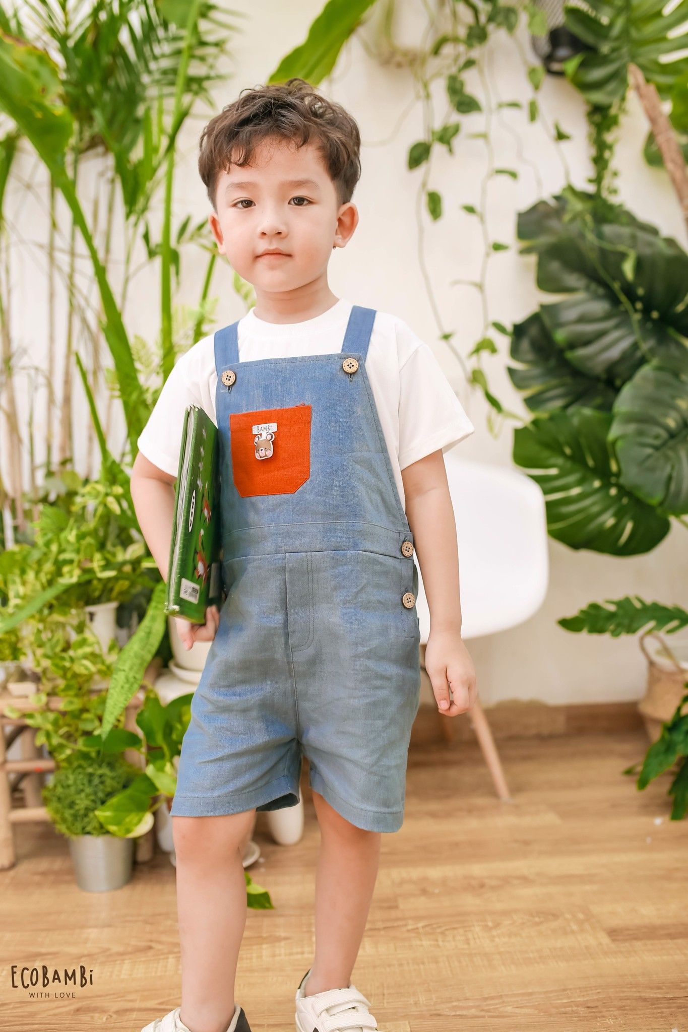 Jumpsuit shorts linen bé trai