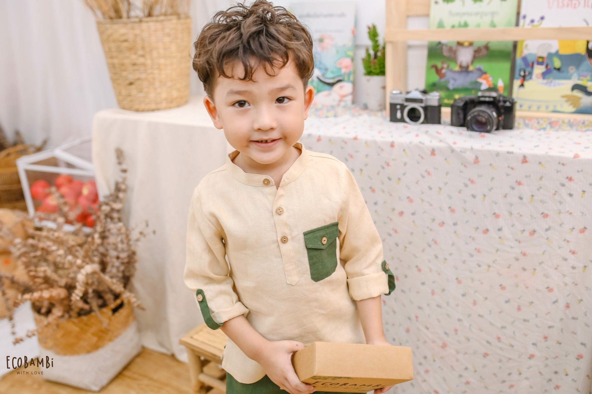 Áo sơ mi cổ trụ linen bé trai