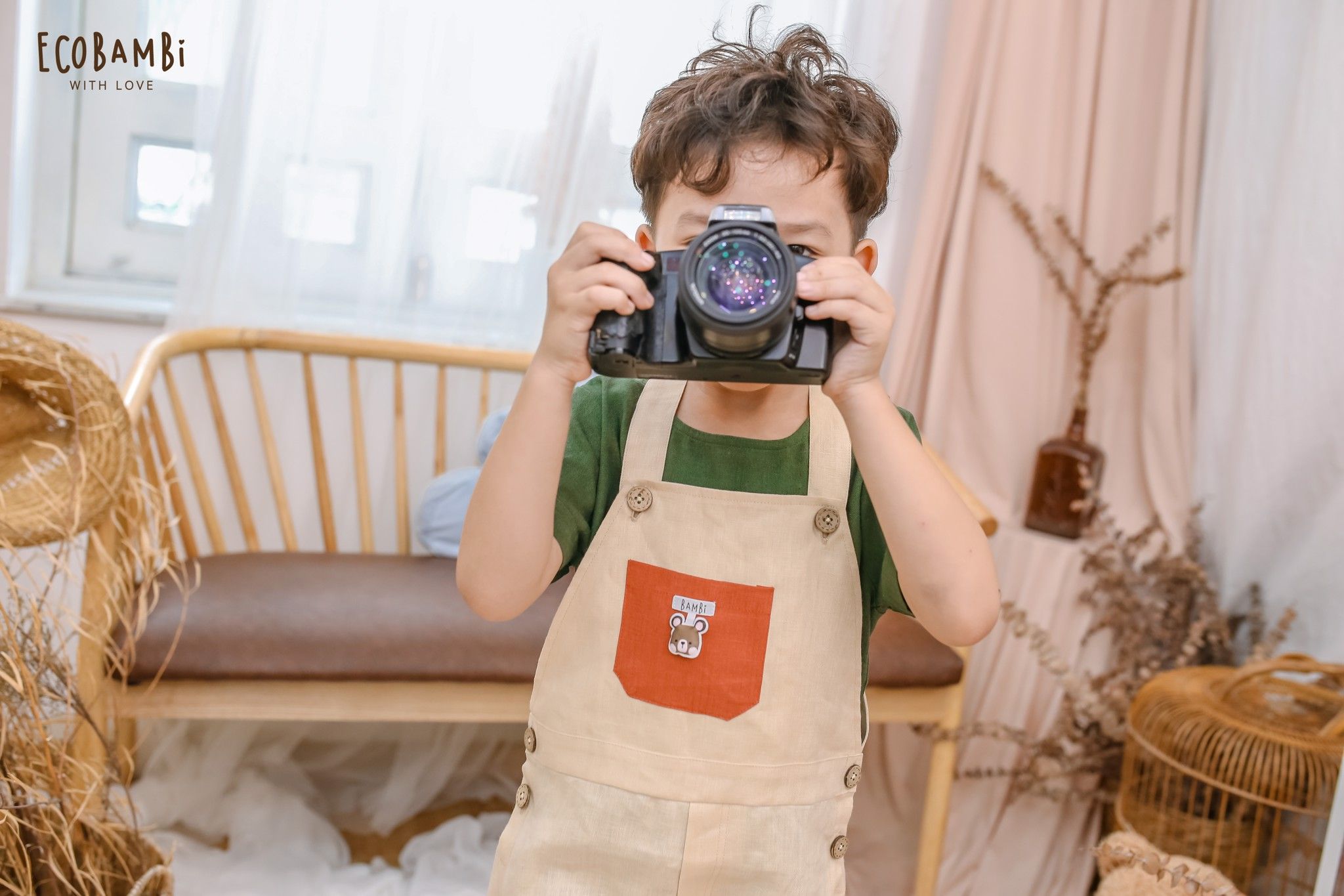 Jumpsuit shorts linen bé trai