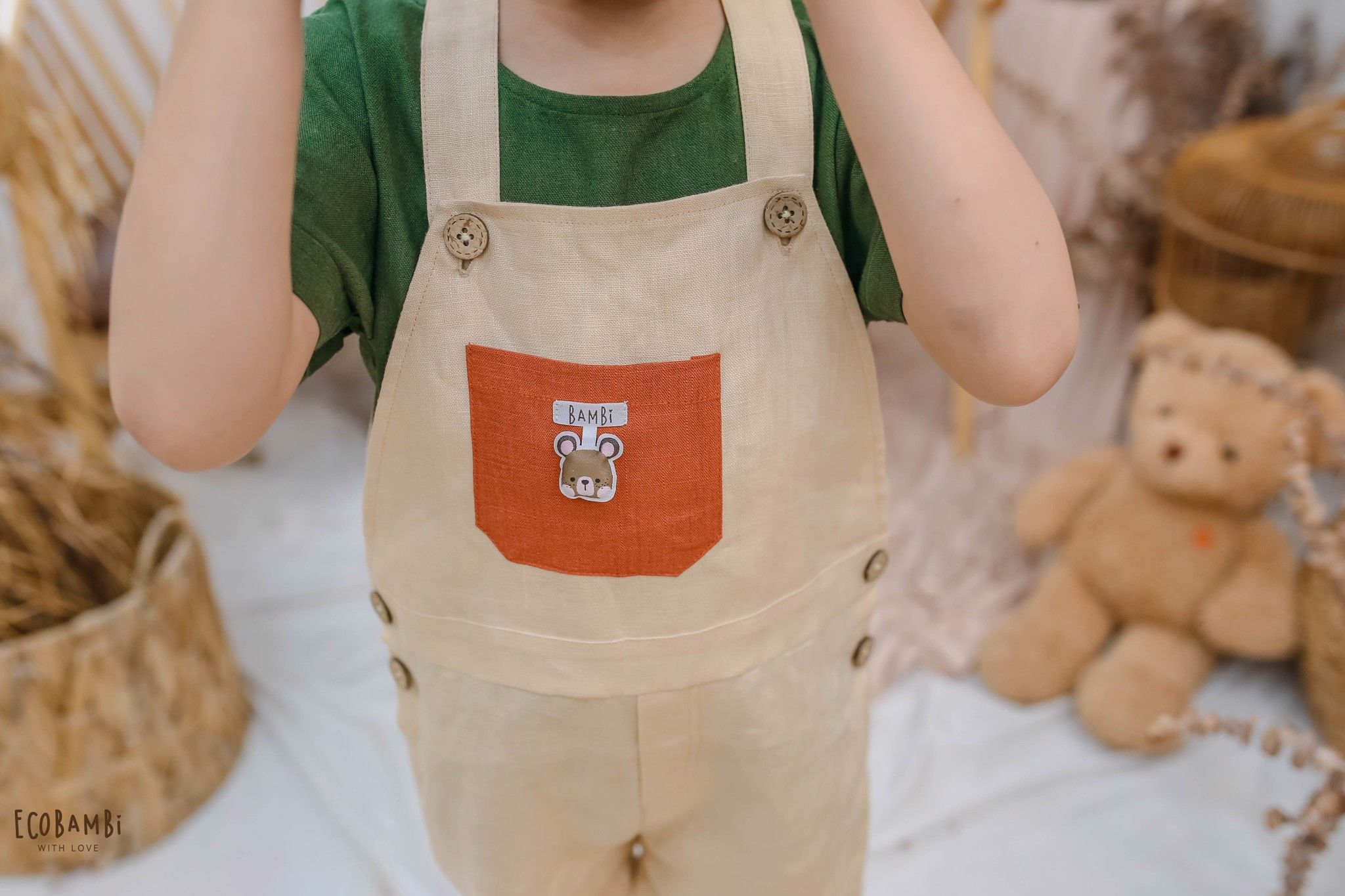 Jumpsuit shorts linen bé trai