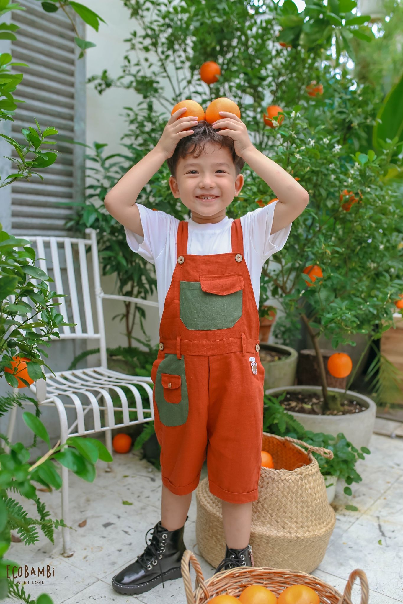 Jumpsuit linen quần lửng phối màu bé trai