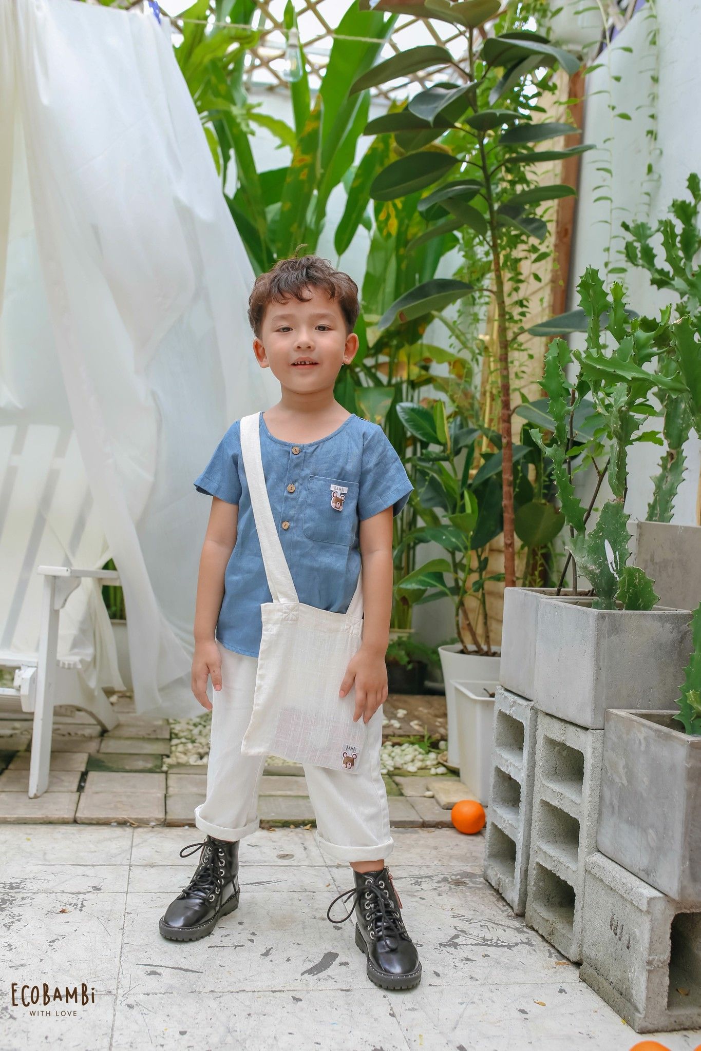 Áo sơ mi tay ngắn cổ tròn linen bé trai