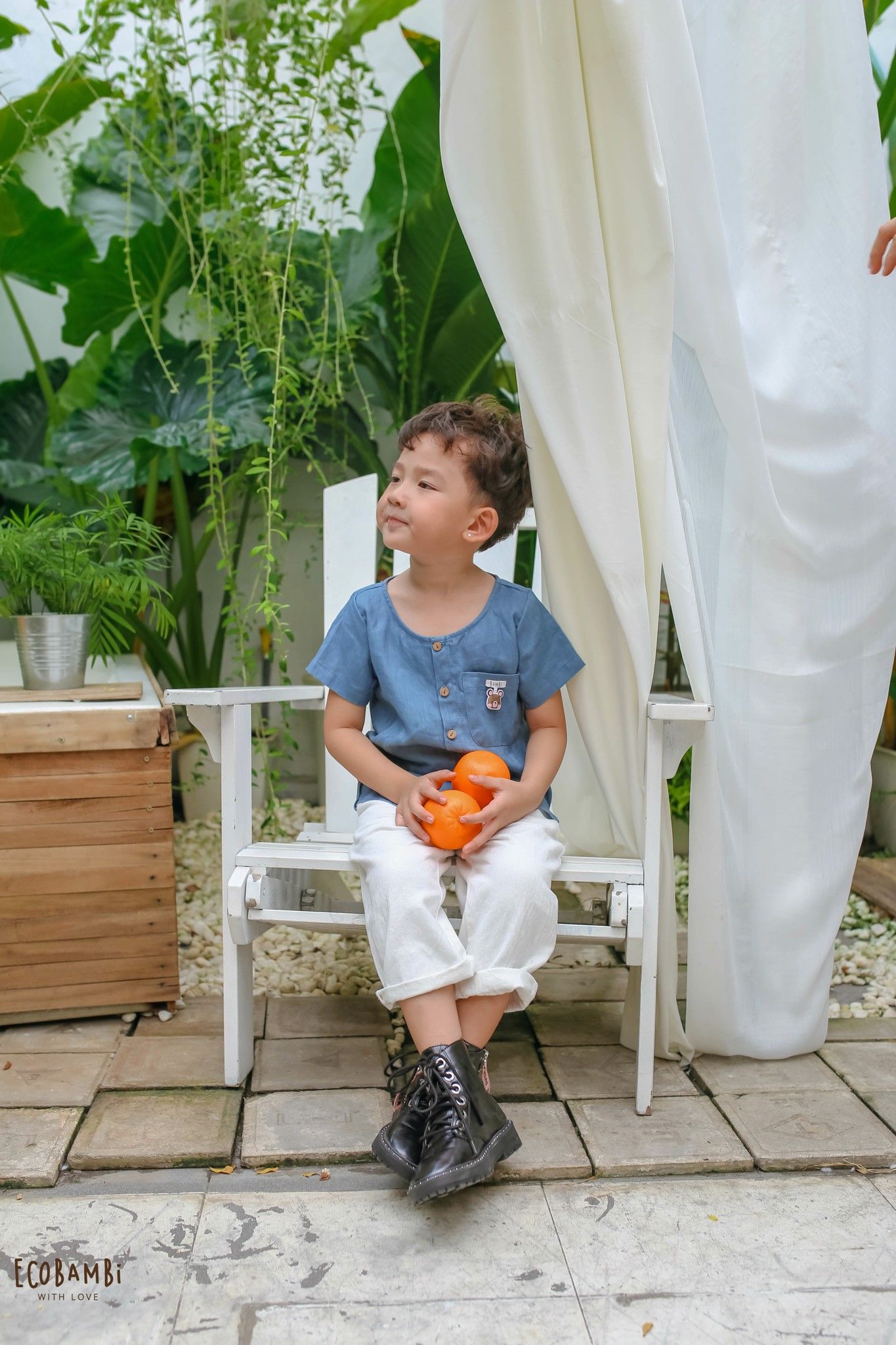 Áo sơ mi tay ngắn cổ tròn linen bé trai