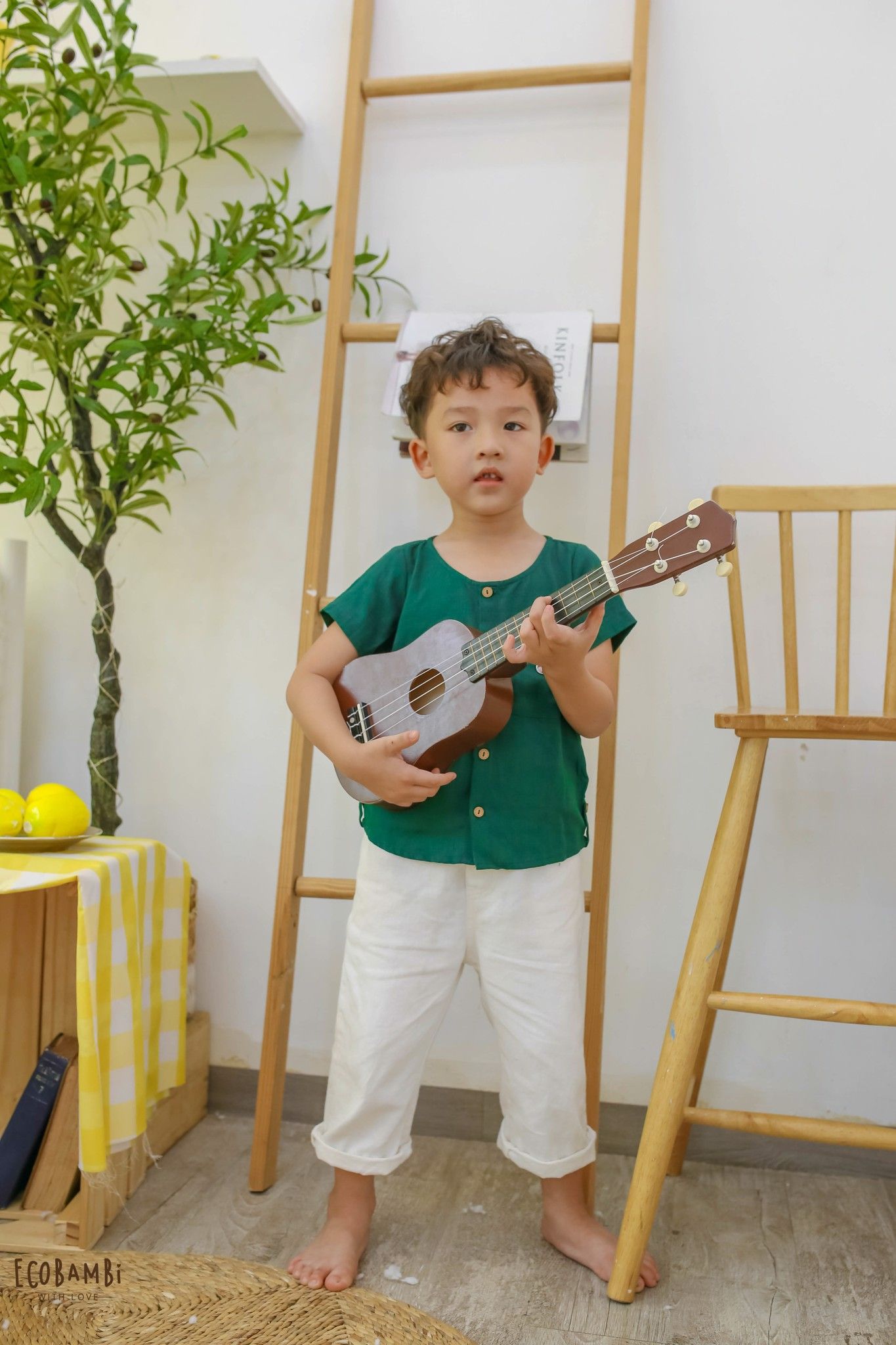 Áo sơ mi tay ngắn cổ tròn linen bé trai