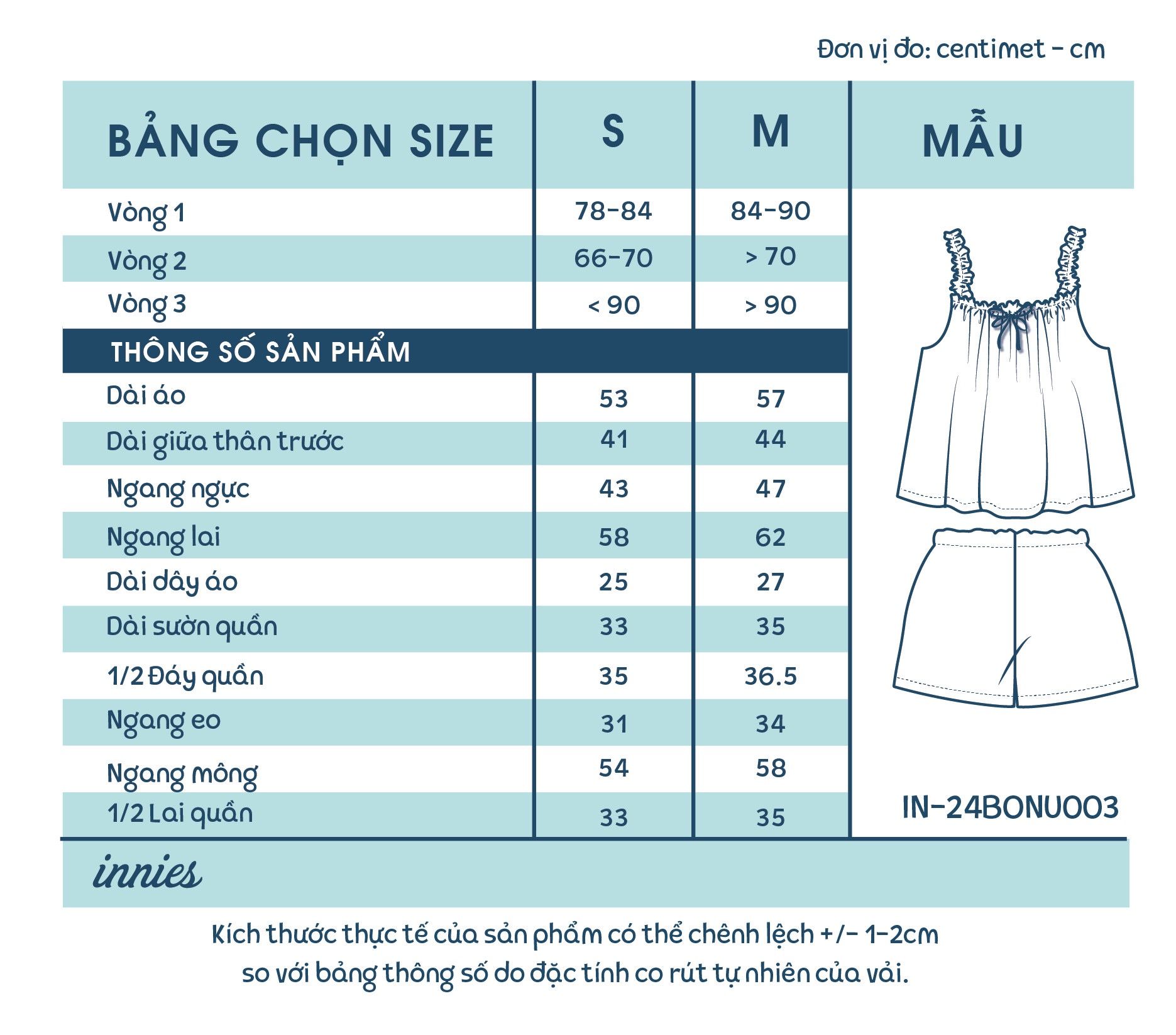 Bộ muslin 2 dây dún vai NỮ Innies - IN-24BONU003 - 8935334001459