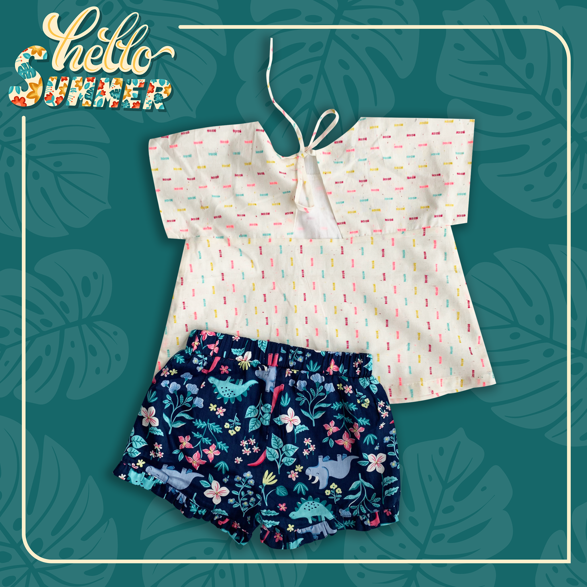 Set áo hở lưng - quần bèo bé gái cotton hoạ tiết