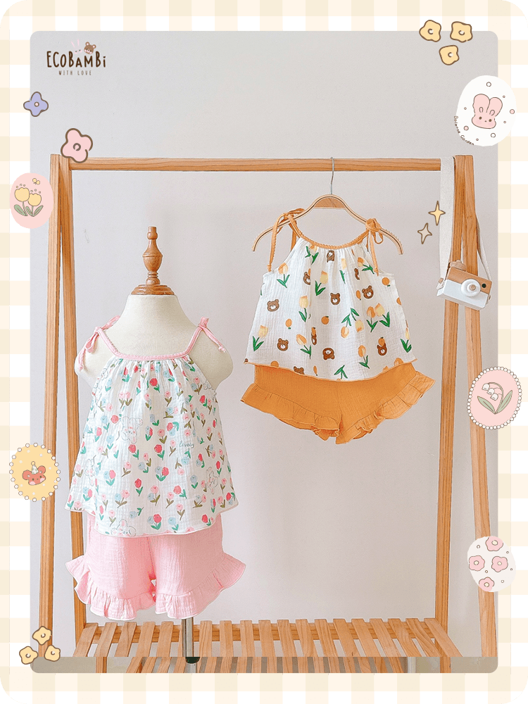 Restock - Bộ 2 dây CỔ YẾM, quần short cotton muslin in hoạ tiết đáng yêu cho bé gái Ecobambi - BB-23BOBG006 - 8935334000957