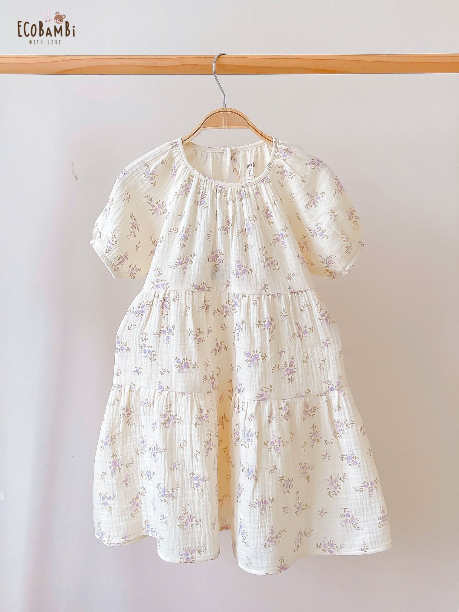 Đầm cotton muslin phối 3 tầng dáng xoè tay phồng đáng yêu cho bé gái BB-23DAMBG016 - ECOBAMBI - 8935334001046