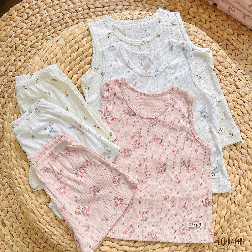 Bộ thun Hàn bé gái sát nách kiểu dệt jacquard hoa nhí Ecobambi