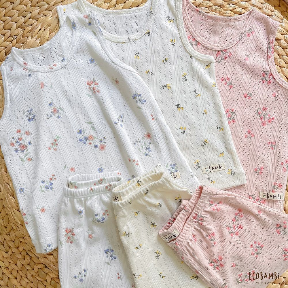 Bộ thun Hàn bé gái sát nách kiểu dệt jacquard hoa nhí Ecobambi