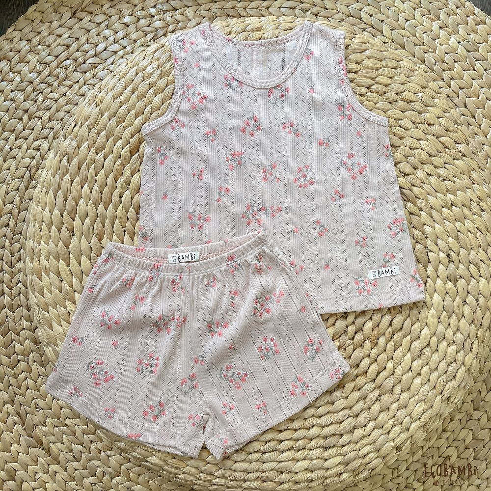 Bộ thun Hàn bé gái sát nách kiểu dệt jacquard hoa nhí Ecobambi