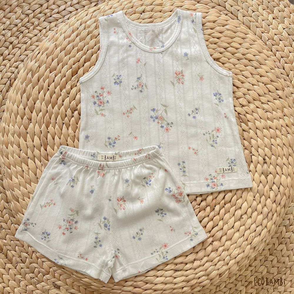 Bộ thun Hàn bé gái sát nách kiểu dệt jacquard hoa nhí Ecobambi