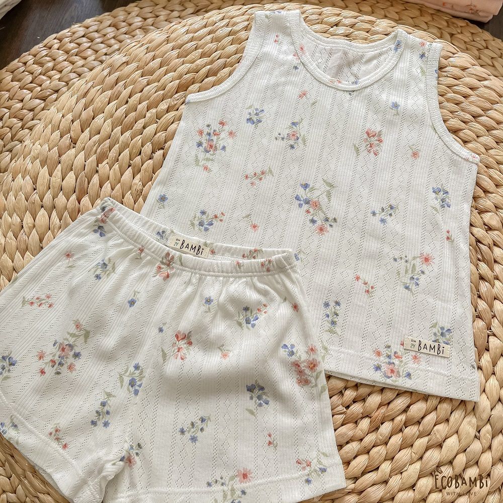 Bộ thun Hàn bé gái sát nách kiểu dệt jacquard hoa nhí Ecobambi