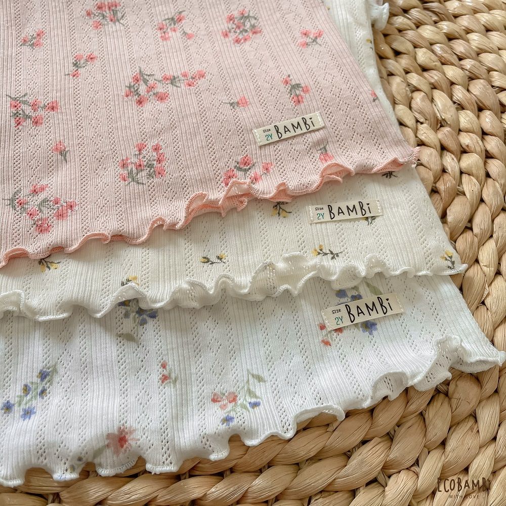 Bộ thun cotton Hàn bé gái tay ngắn kiểu dệt jacquard hoa nhí Ecobambi