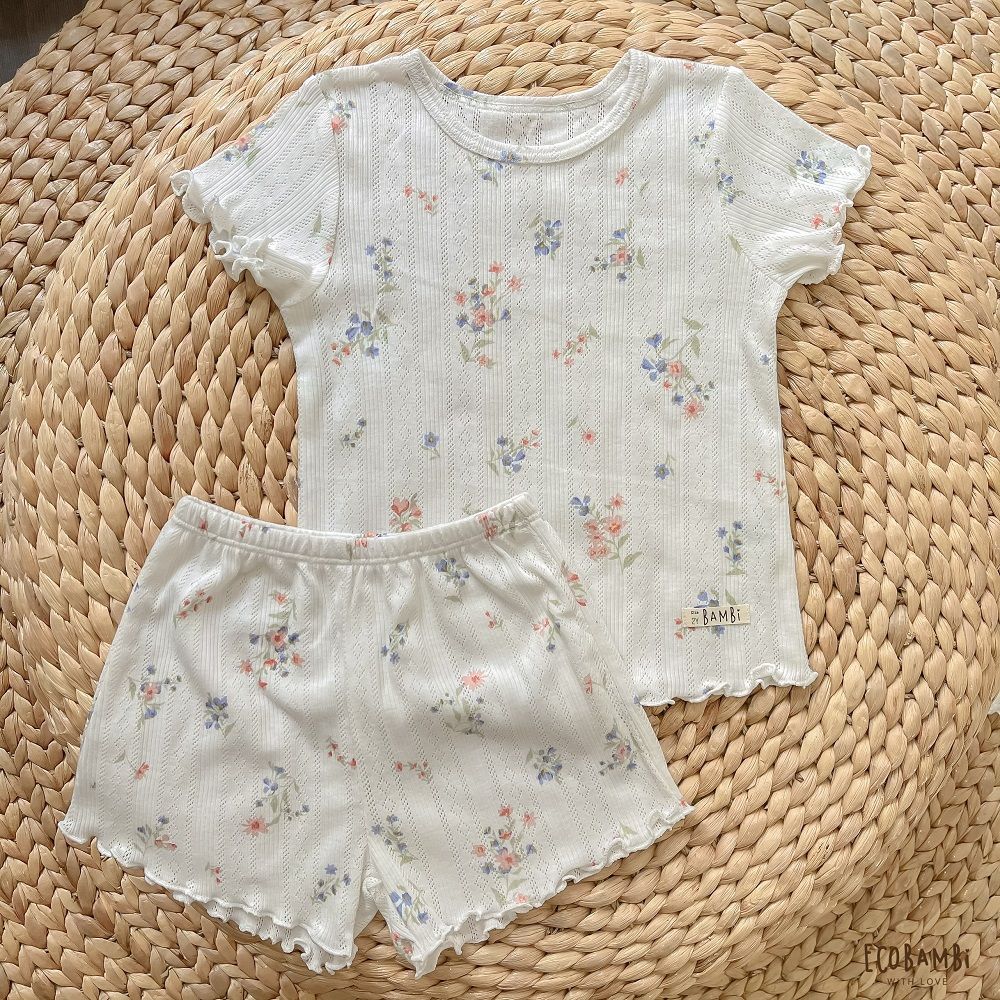 Bộ thun cotton Hàn bé gái tay ngắn kiểu dệt jacquard hoa nhí Ecobambi