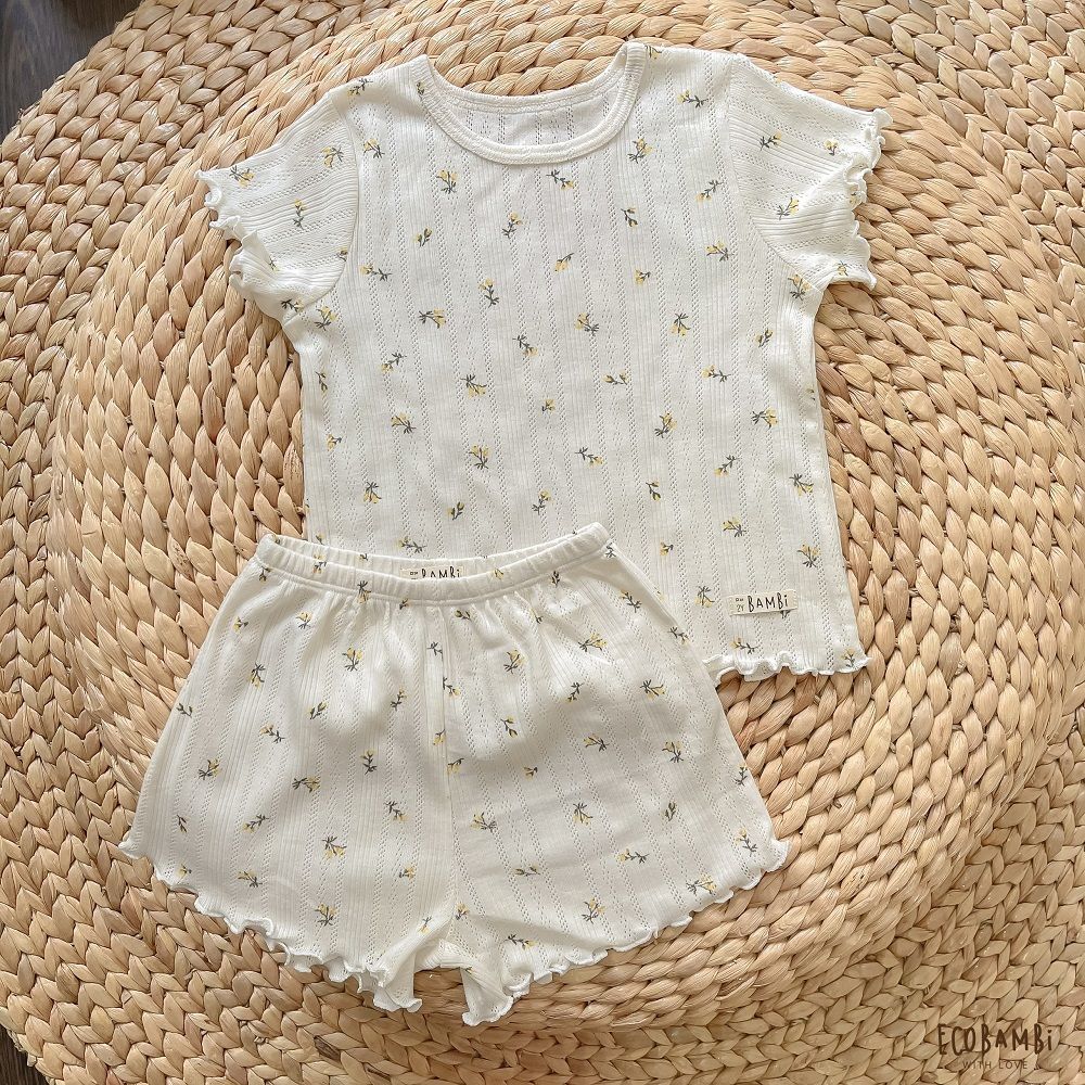 Bộ thun cotton Hàn bé gái tay ngắn kiểu dệt jacquard hoa nhí Ecobambi