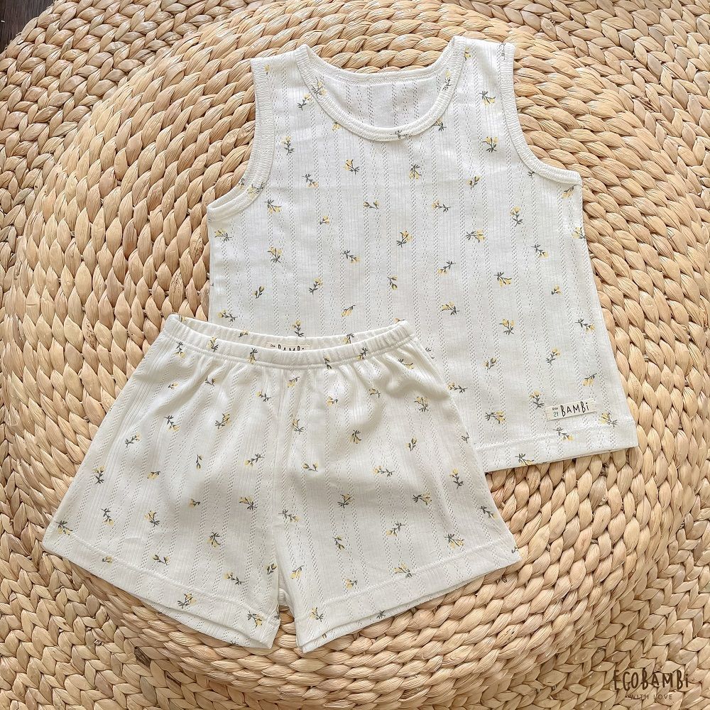 Bộ thun Hàn bé gái sát nách kiểu dệt jacquard hoa nhí Ecobambi