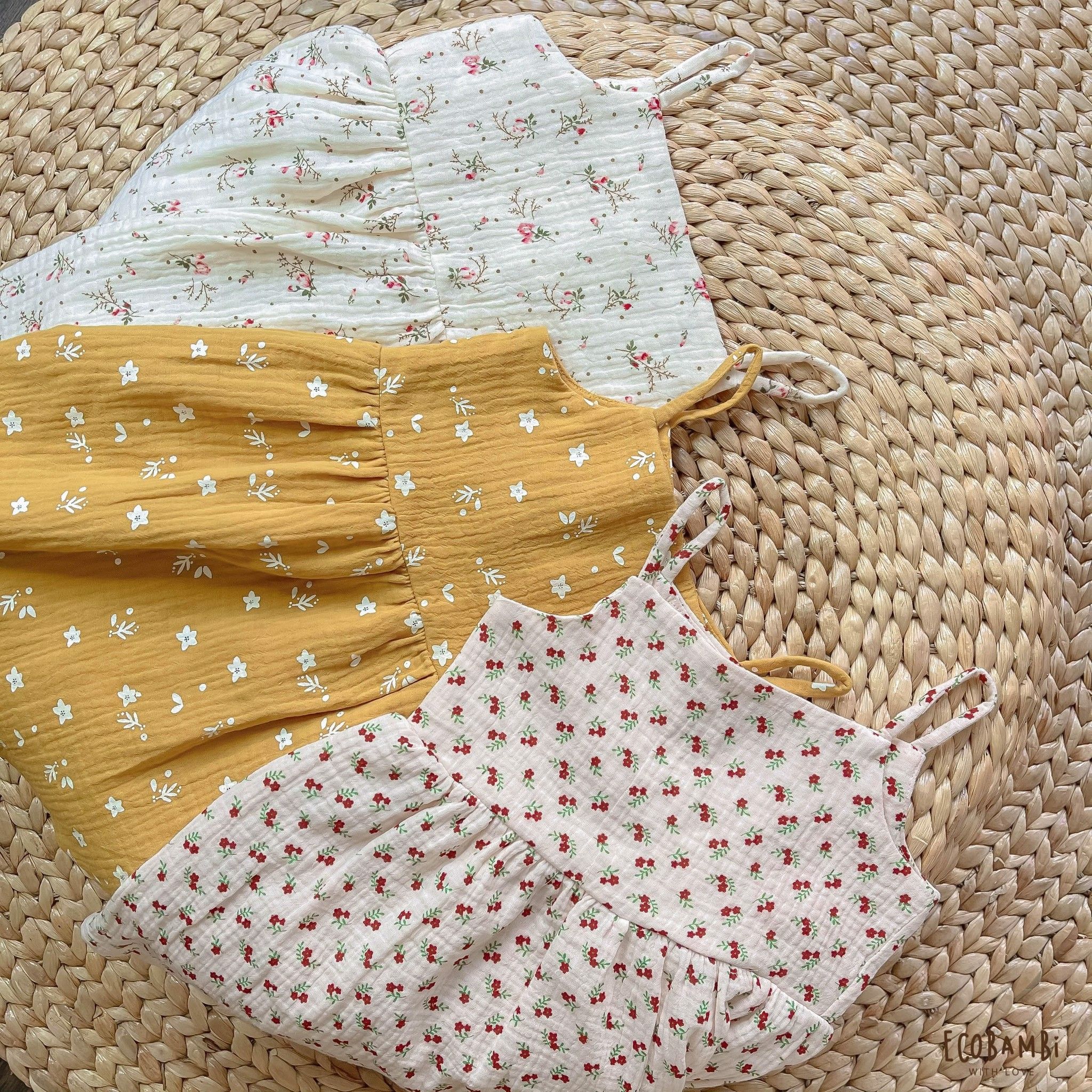 Đầm 2 dây bé gái muslin cotton Ecobambi hoạ tiết hoa nhí