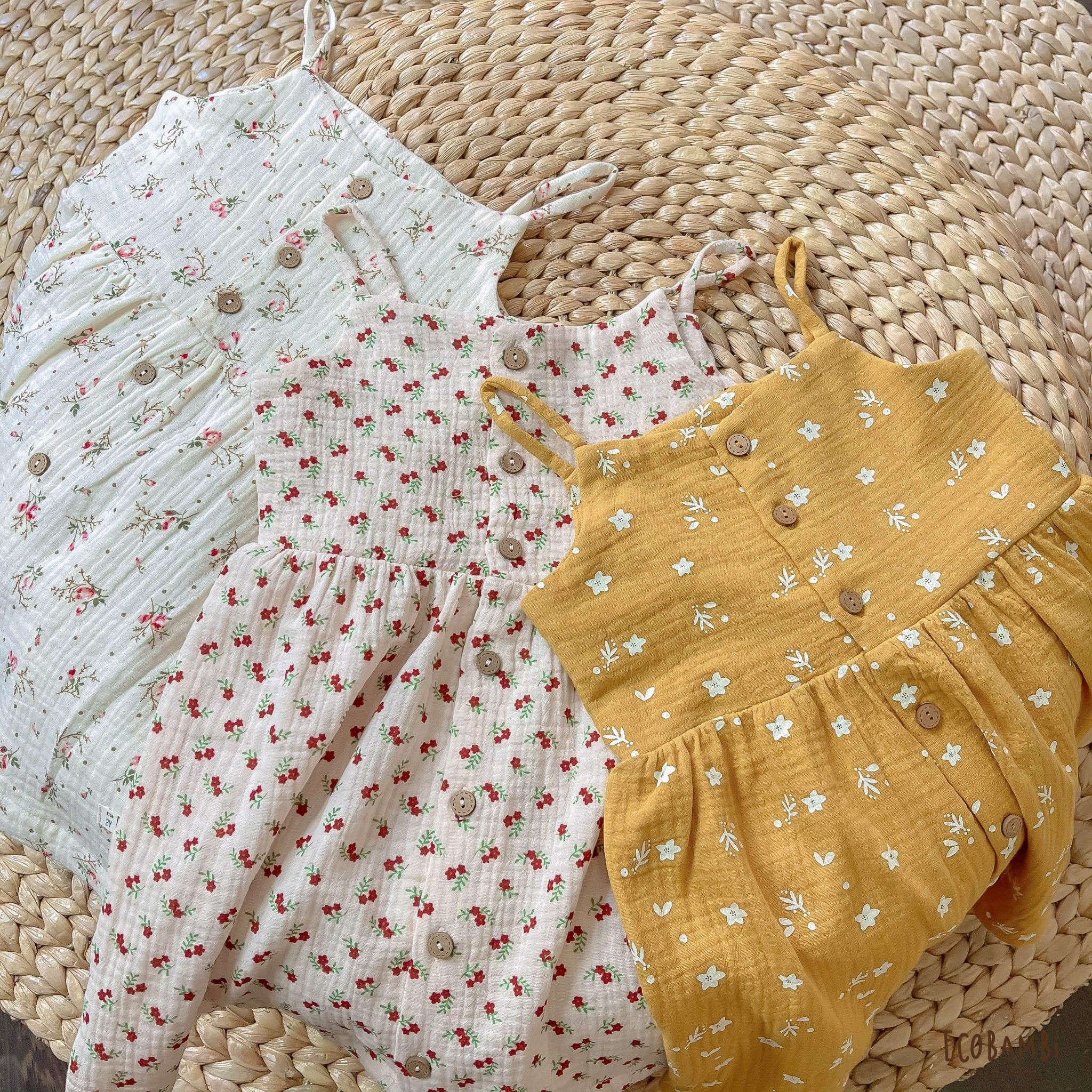 Đầm 2 dây bé gái muslin cotton Ecobambi hoạ tiết hoa nhí