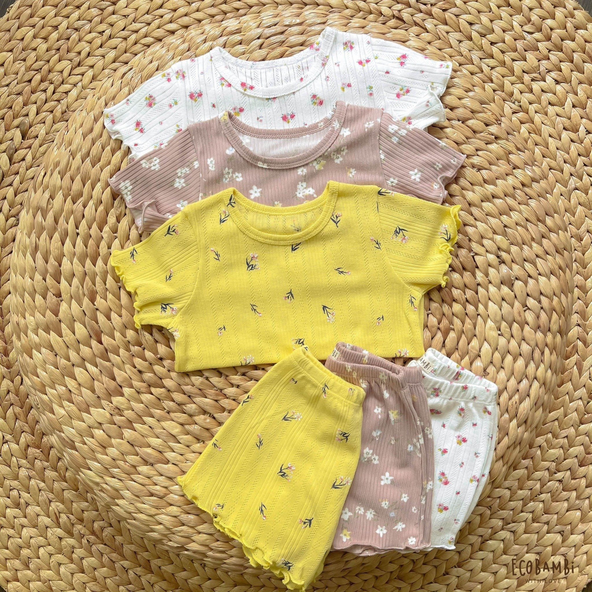Bộ thun cotton Hàn bé gái tay ngắn kiểu dệt jacquard hoa nhí Ecobambi