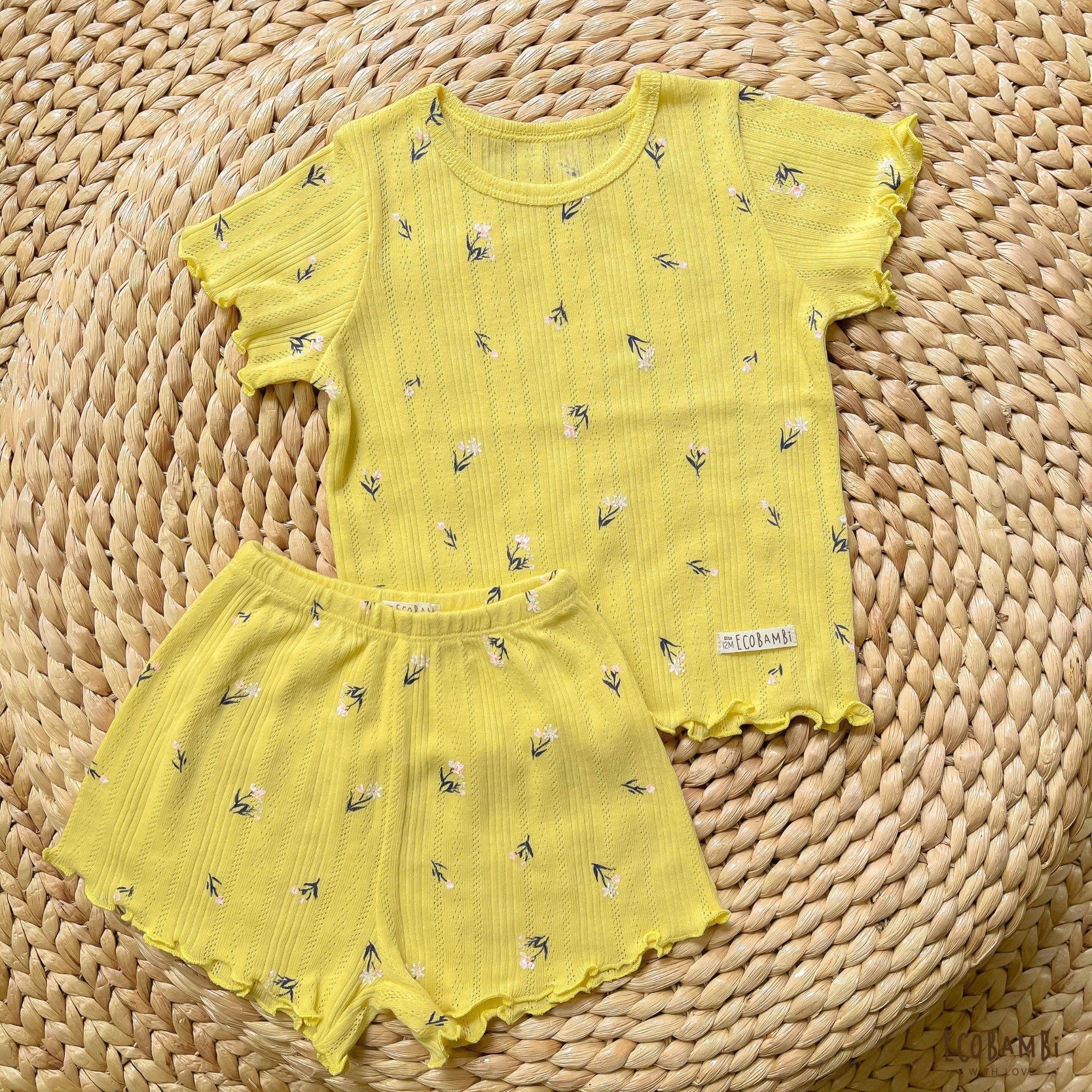 Bộ thun cotton Hàn bé gái tay ngắn kiểu dệt jacquard hoa nhí Ecobambi