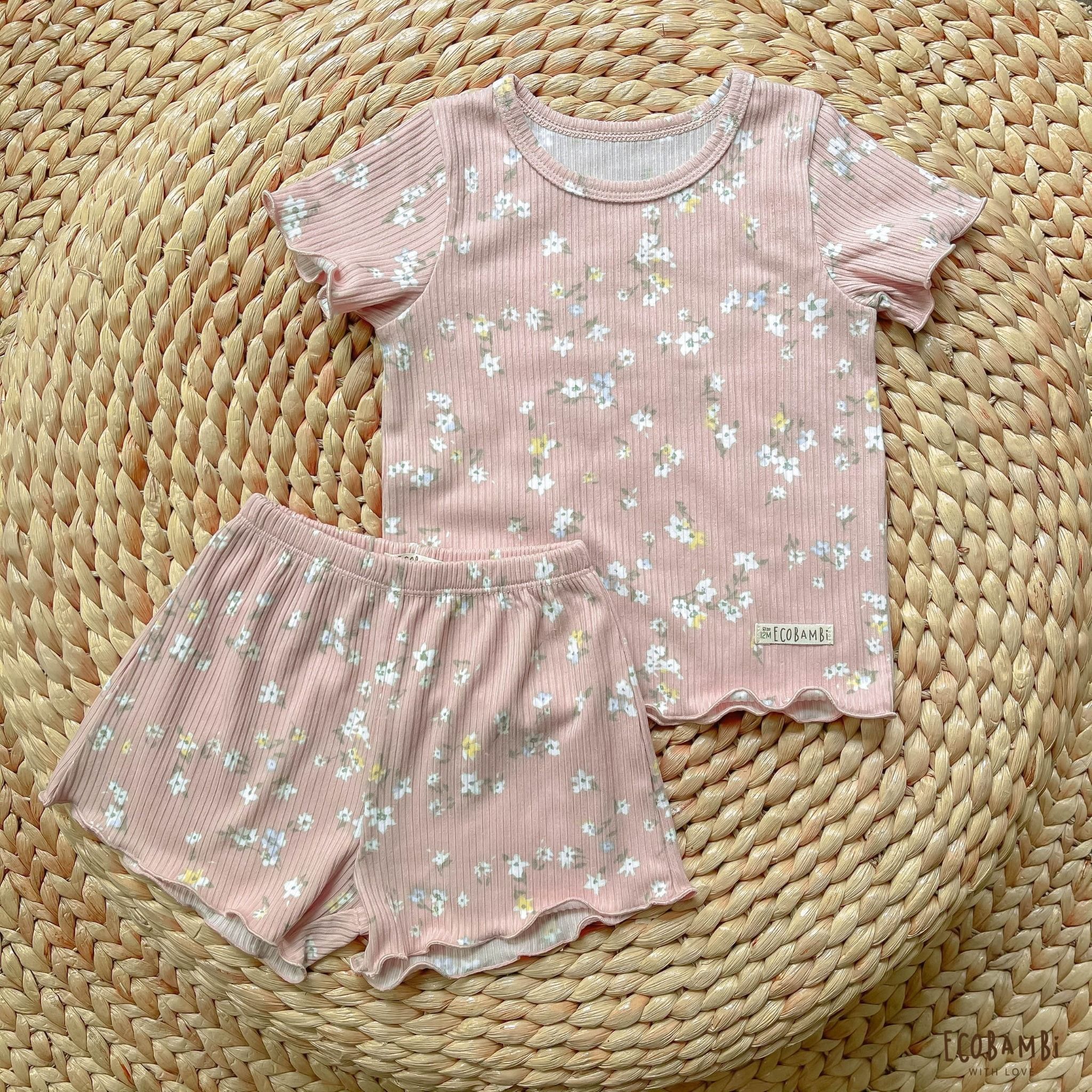 Bộ thun cotton Hàn bé gái tay ngắn kiểu dệt jacquard hoa nhí Ecobambi