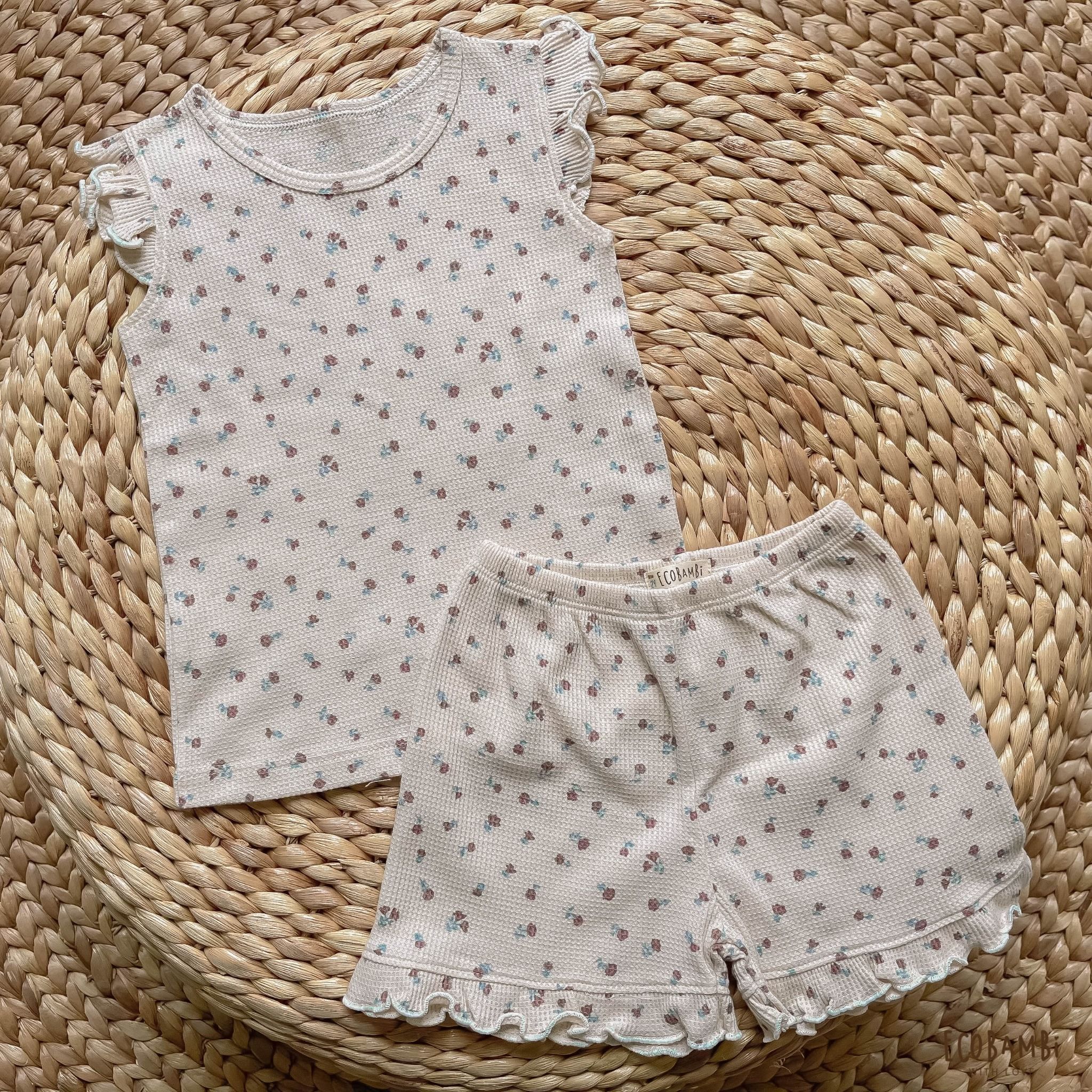 Bộ cotton thun Hàn bé gái TAY CÁNH TIÊN kiểu dệt Waffle hoa nhí Ecobambi