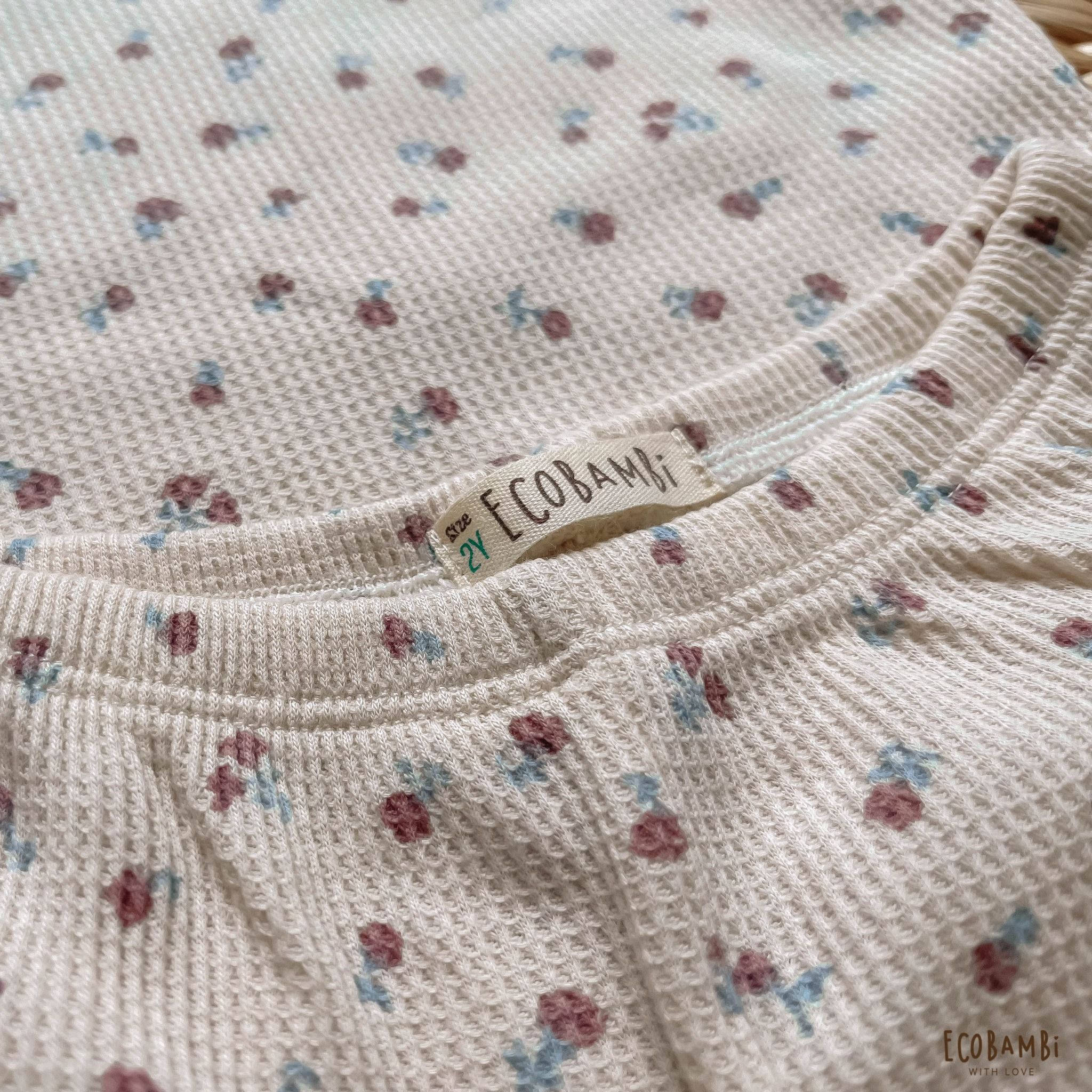 Bộ cotton thun Hàn bé gái TAY CÁNH TIÊN kiểu dệt Waffle hoa nhí Ecobambi