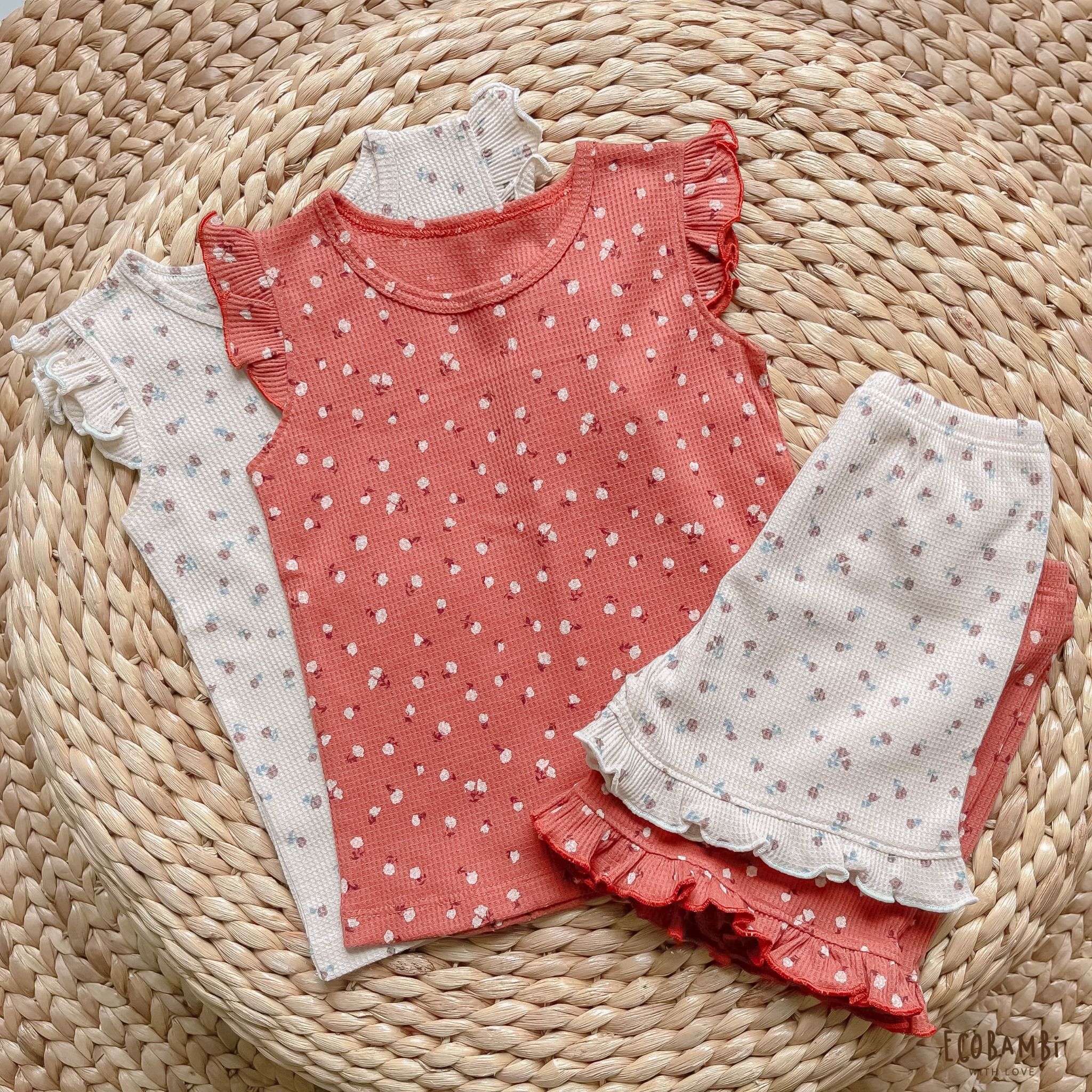 Bộ cotton thun Hàn bé gái TAY CÁNH TIÊN kiểu dệt Waffle hoa nhí Ecobambi
