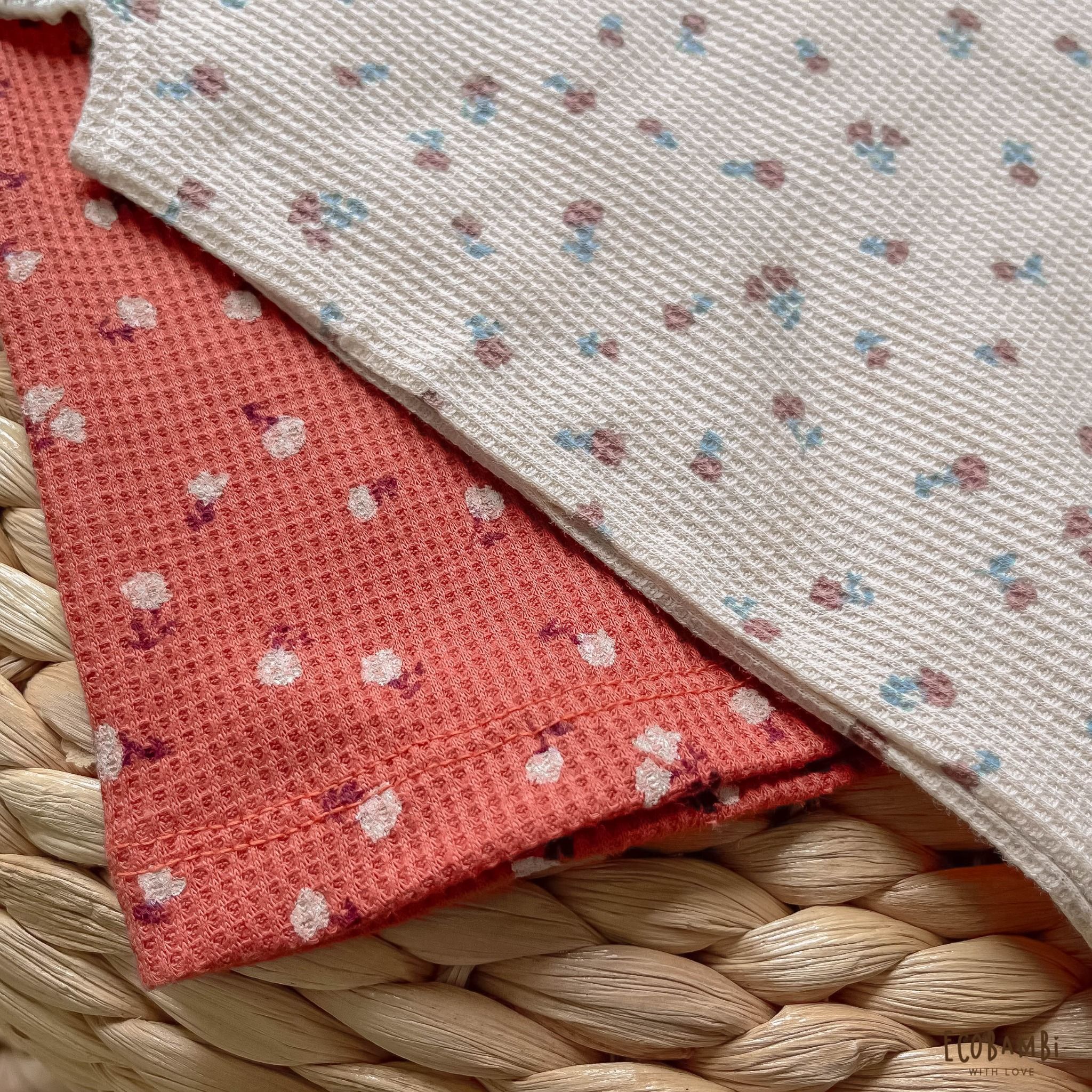 Bộ cotton thun Hàn bé gái TAY CÁNH TIÊN kiểu dệt Waffle hoa nhí Ecobambi