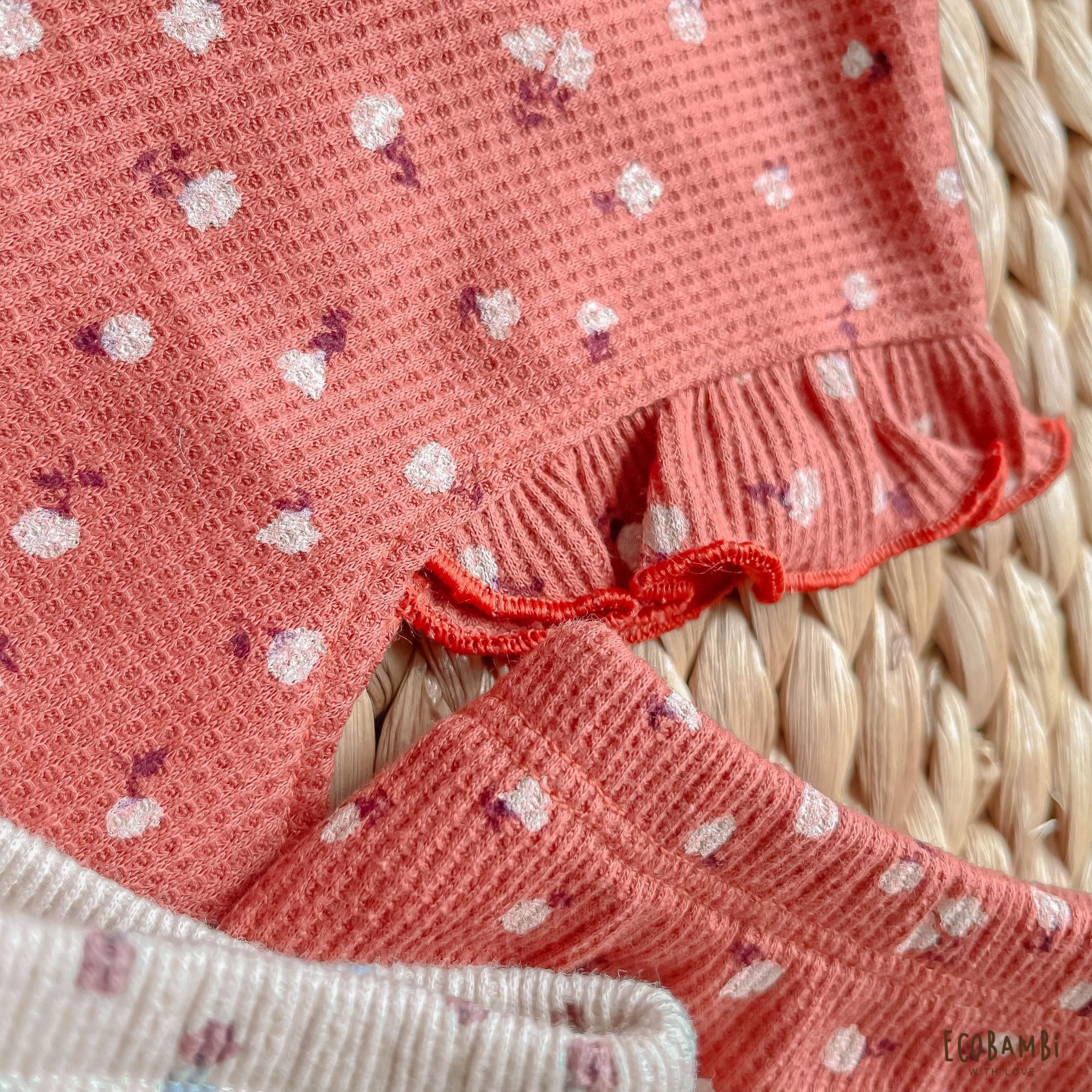 Bộ cotton thun Hàn bé gái TAY CÁNH TIÊN kiểu dệt Waffle hoa nhí Ecobambi