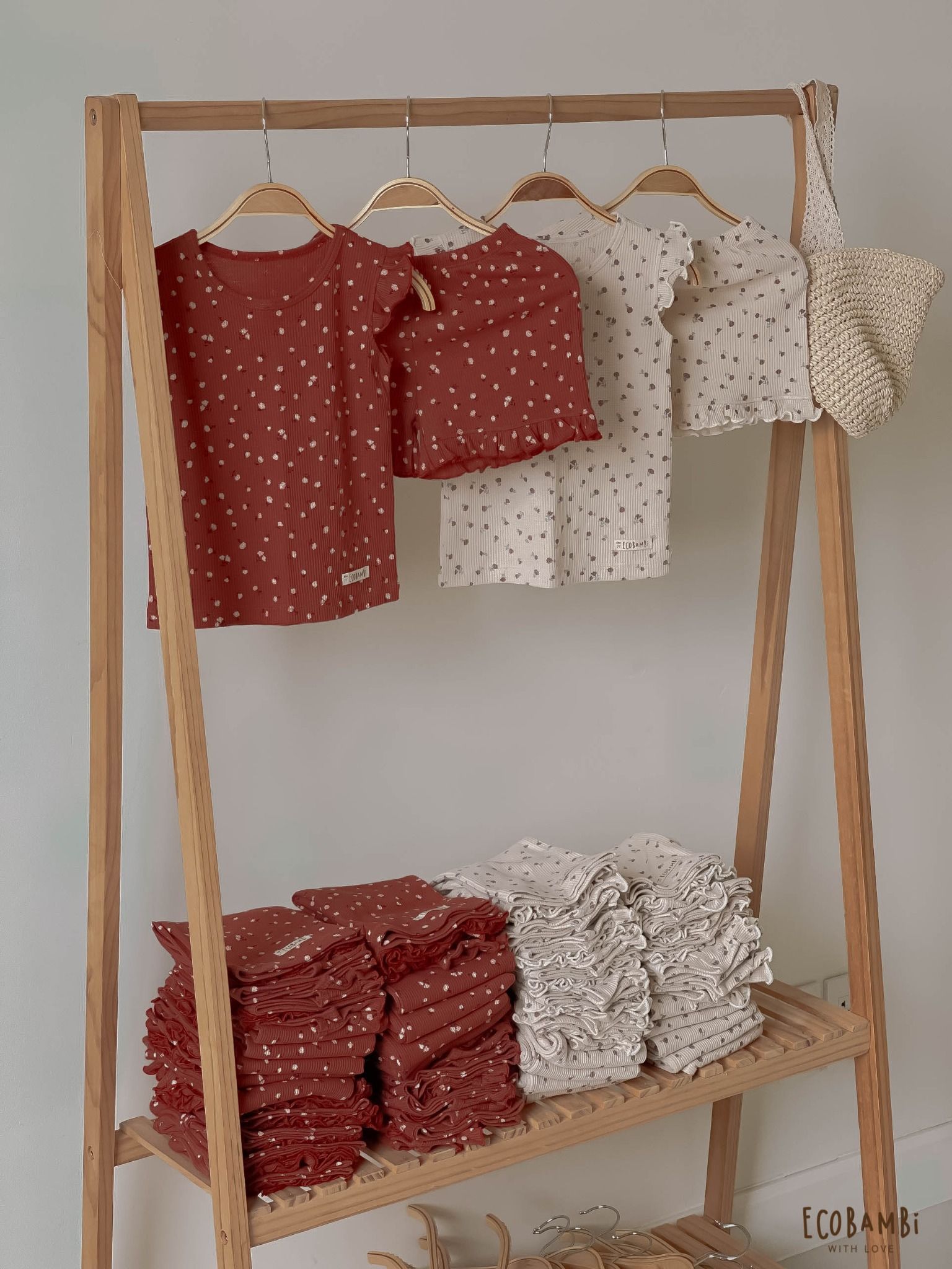 Bộ cotton thun Hàn bé gái TAY CÁNH TIÊN kiểu dệt Waffle hoa nhí Ecobambi