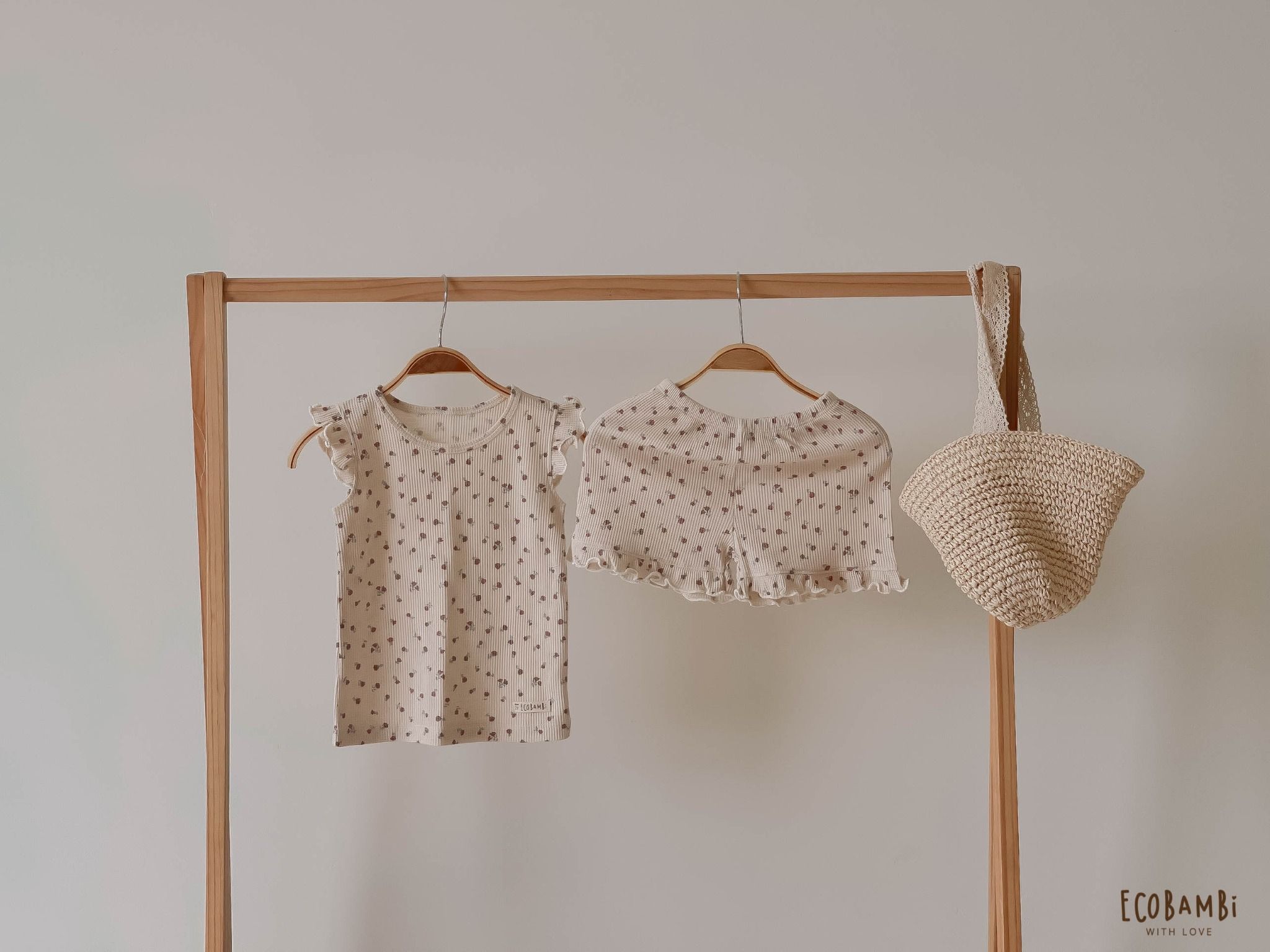 Bộ cotton thun Hàn bé gái TAY CÁNH TIÊN kiểu dệt Waffle hoa nhí Ecobambi